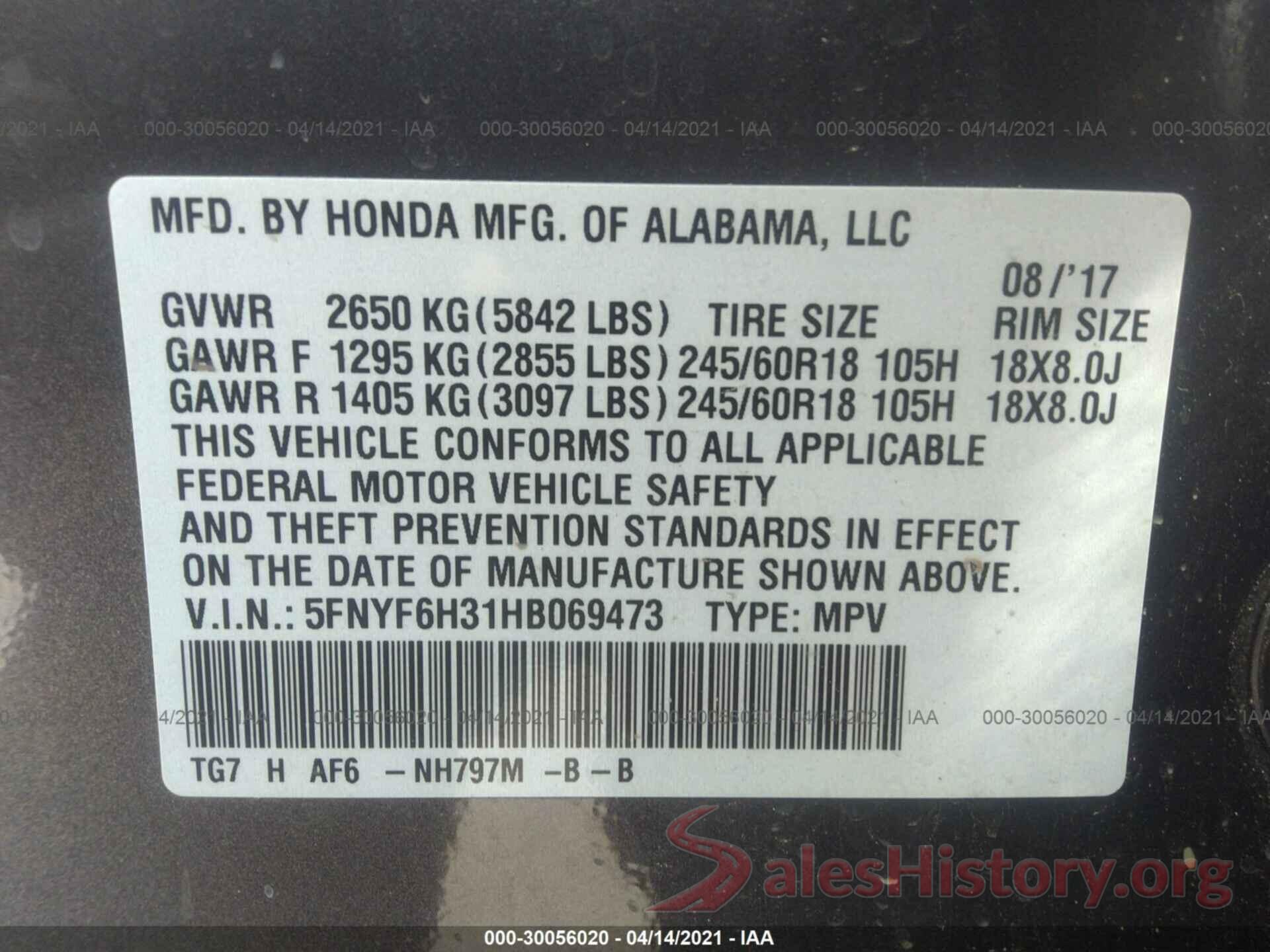 5FNYF6H31HB069473 2017 HONDA PILOT