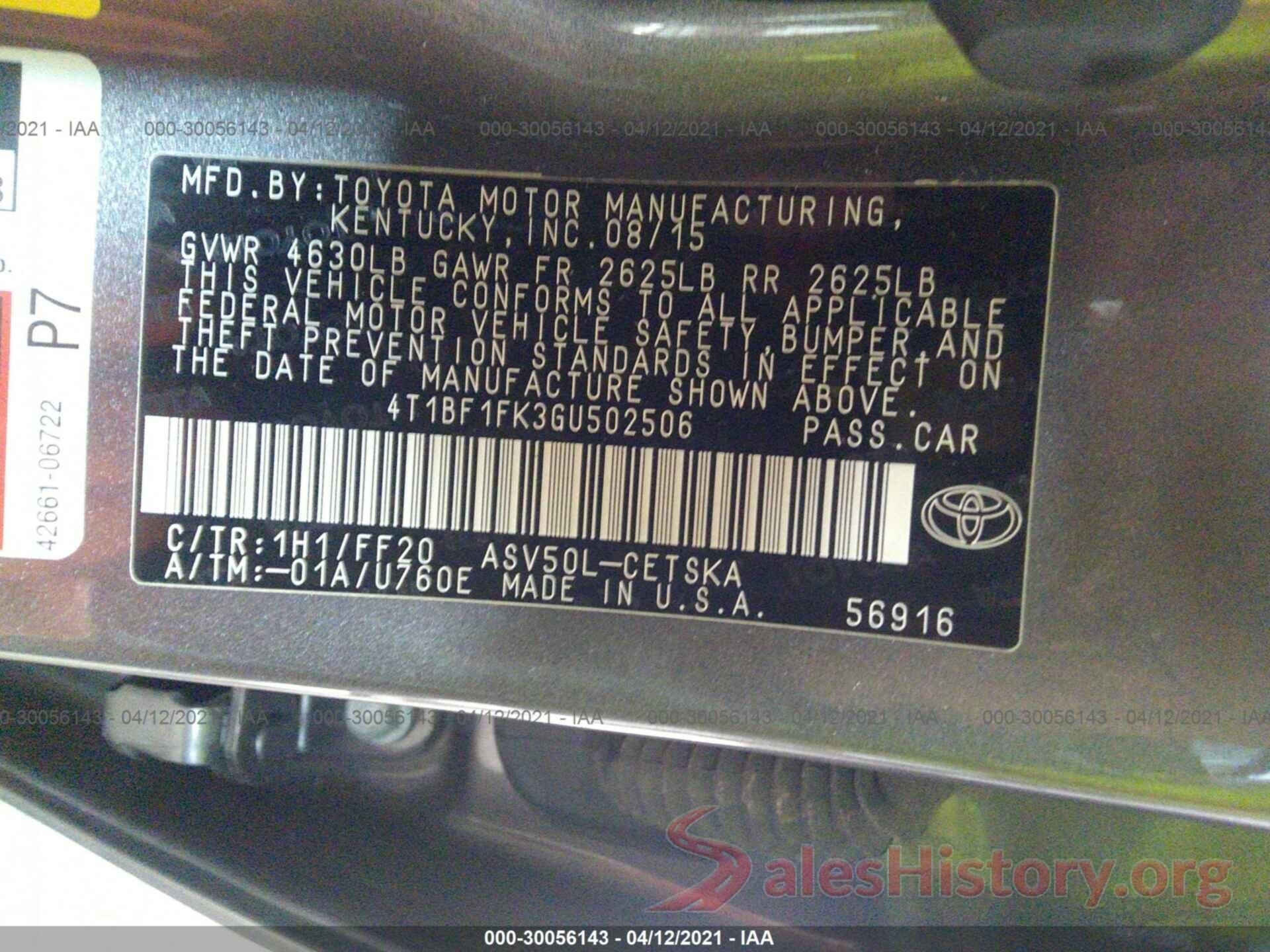 4T1BF1FK3GU502506 2016 TOYOTA CAMRY