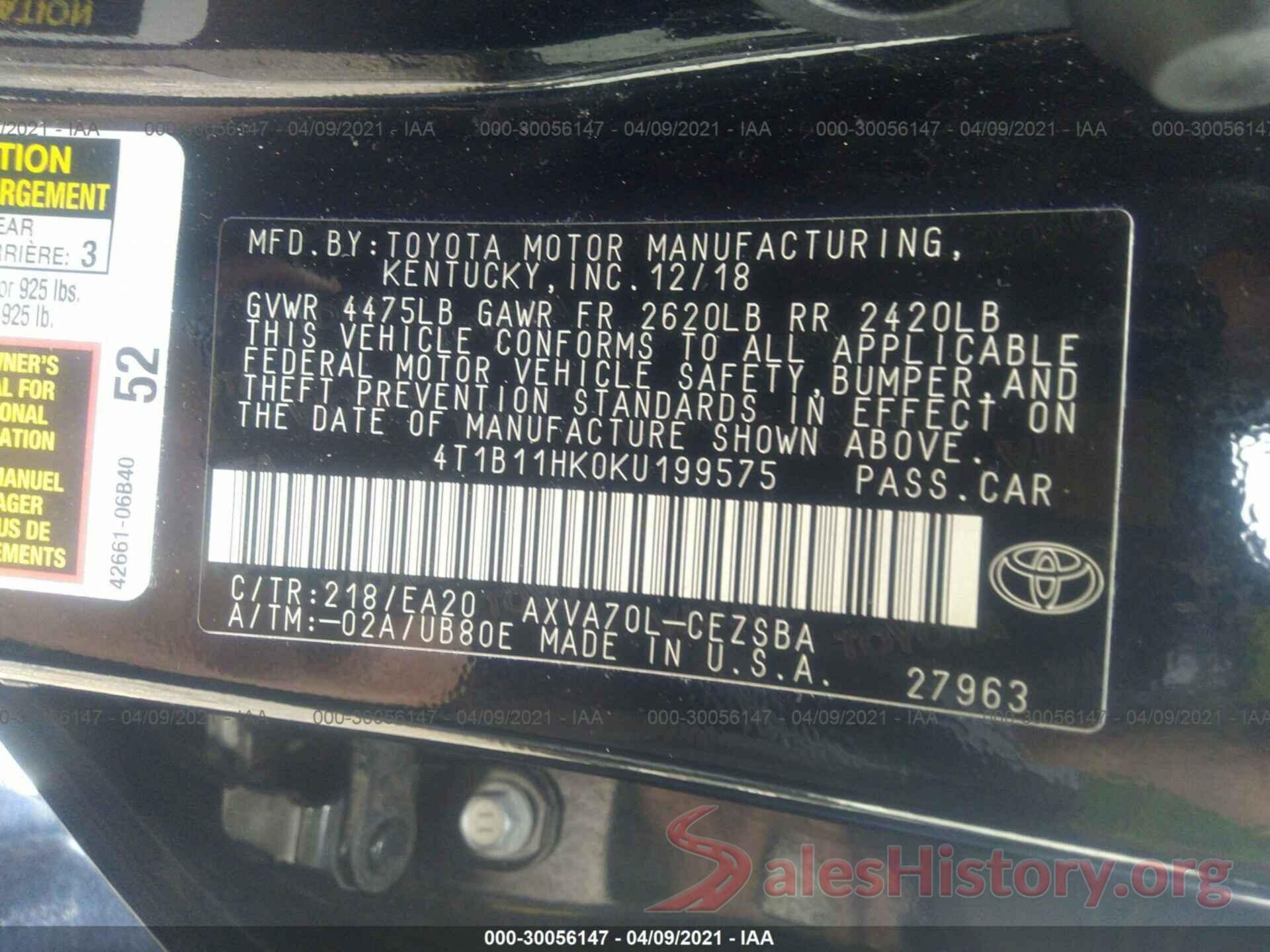 4T1B11HK0KU199575 2019 TOYOTA CAMRY