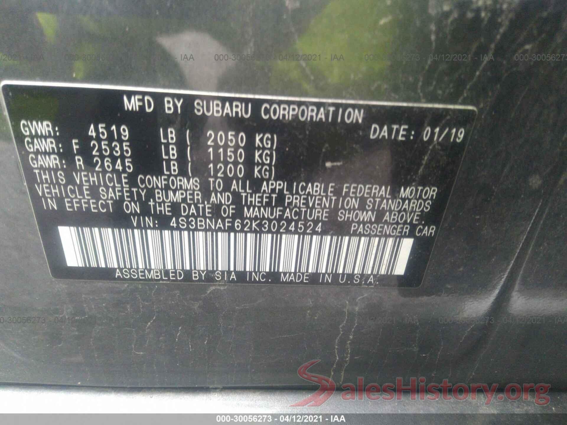 4S3BNAF62K3024524 2019 SUBARU LEGACY