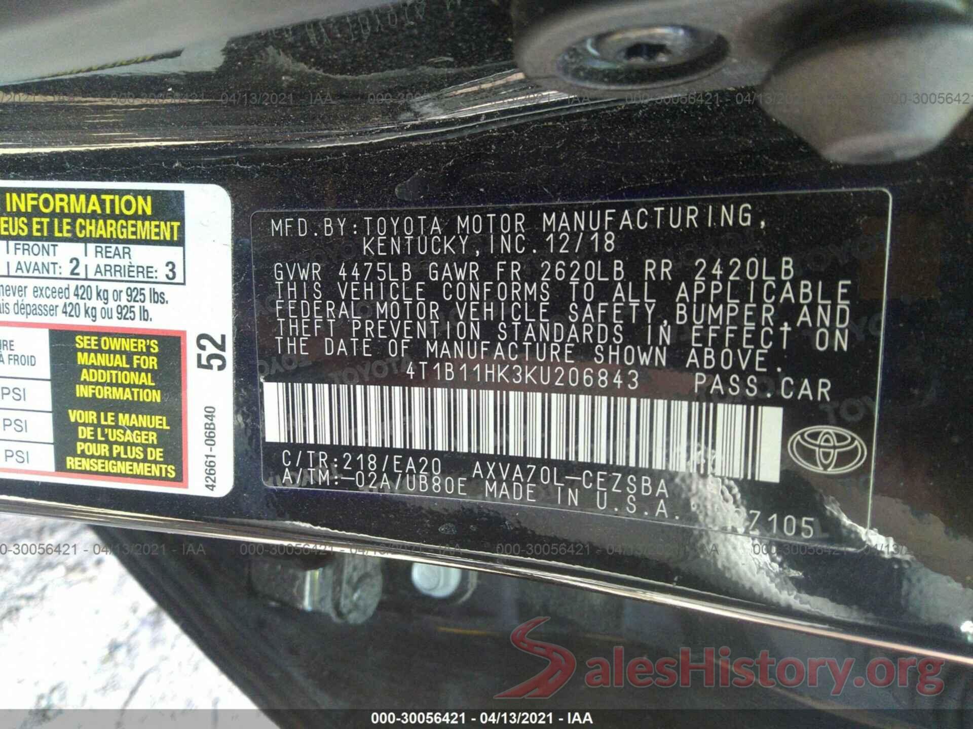 4T1B11HK3KU206843 2019 TOYOTA CAMRY