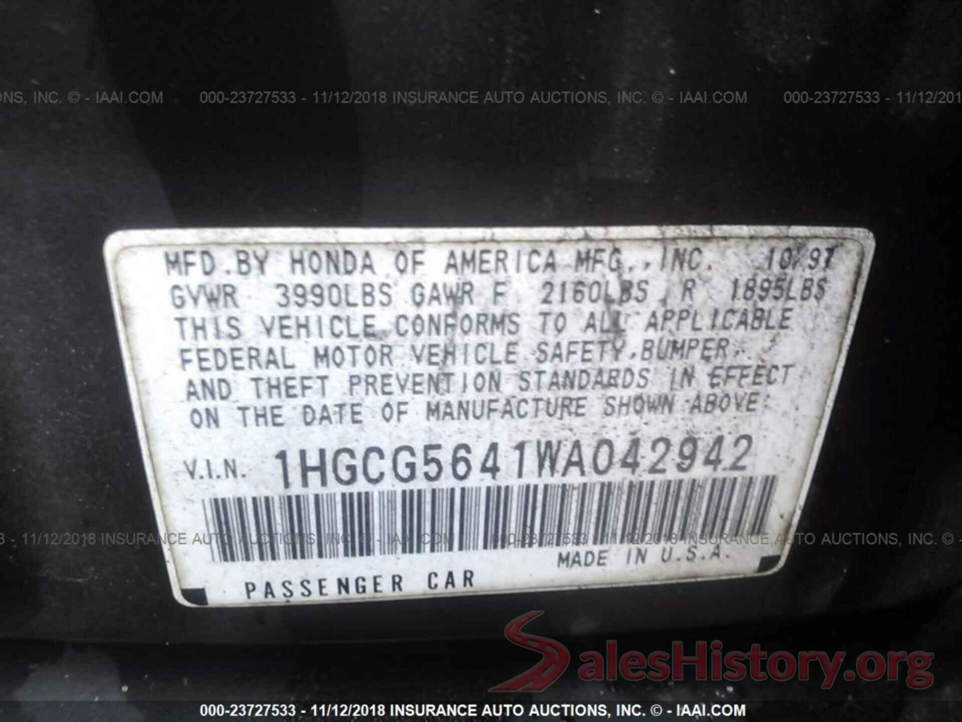 JTMWFREV2HJ118333 1998 HONDA ACCORD