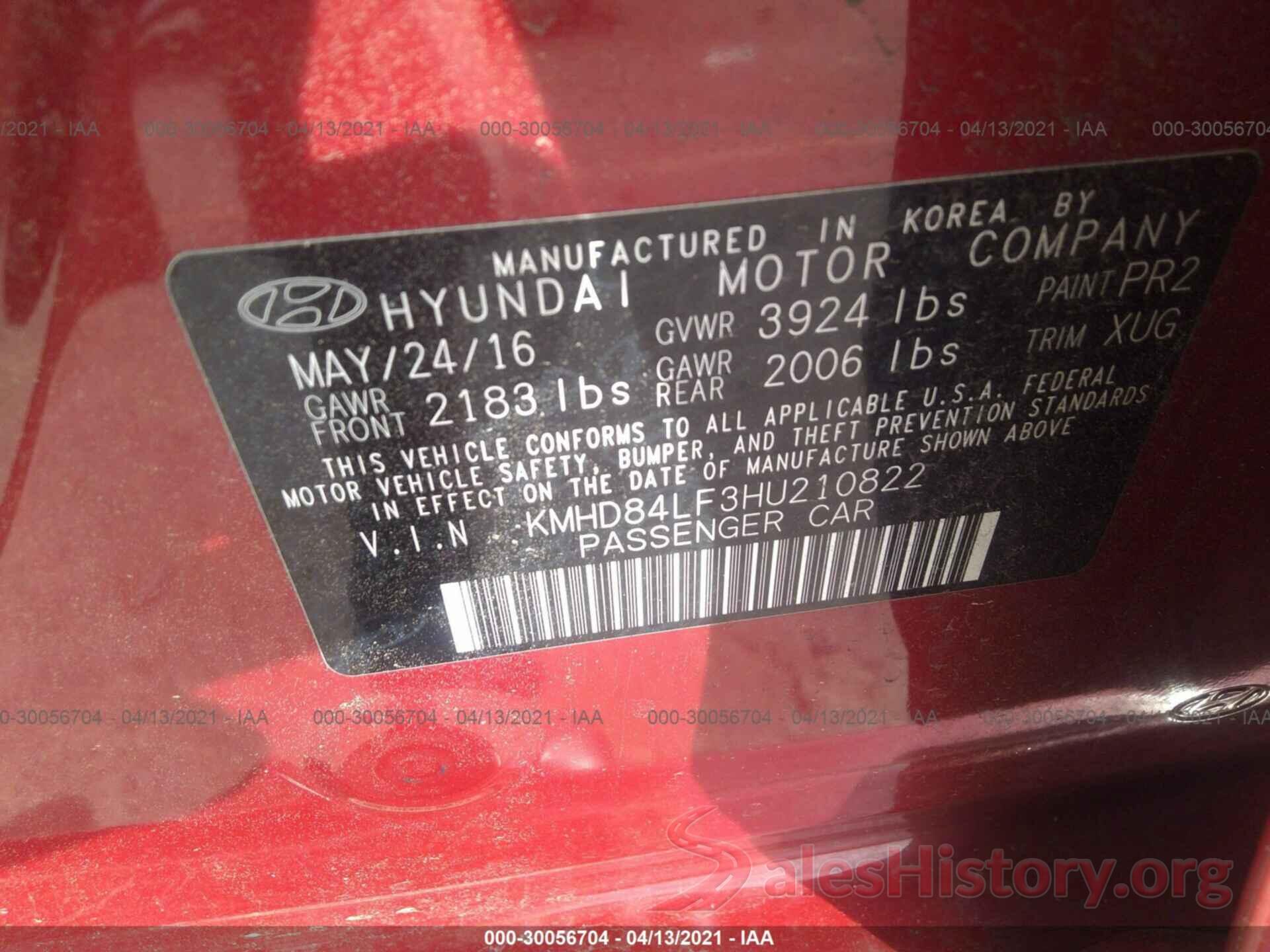 KMHD84LF3HU210822 2017 HYUNDAI ELANTRA