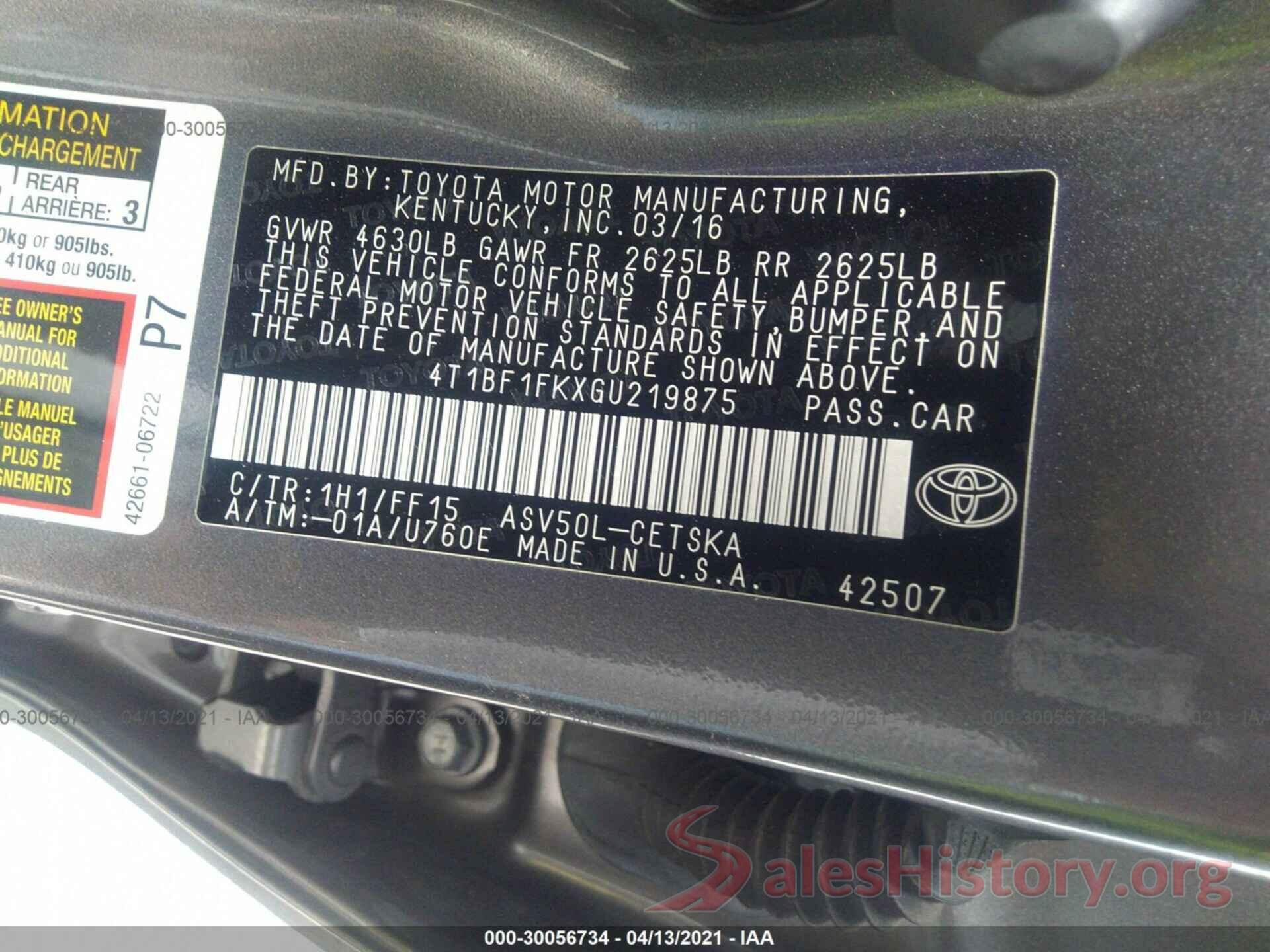 4T1BF1FKXGU219875 2016 TOYOTA CAMRY