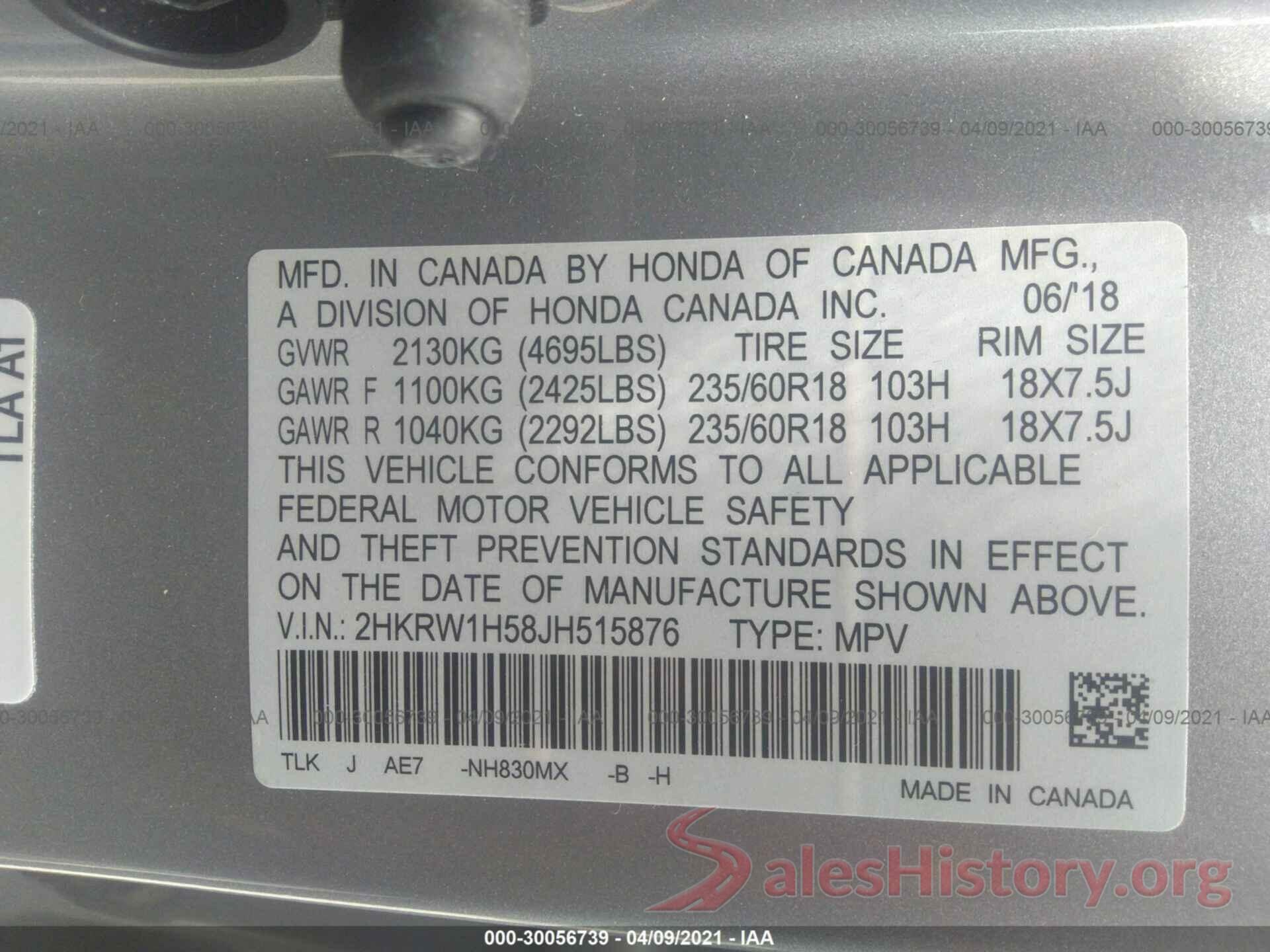 2HKRW1H58JH515876 2018 HONDA CR-V