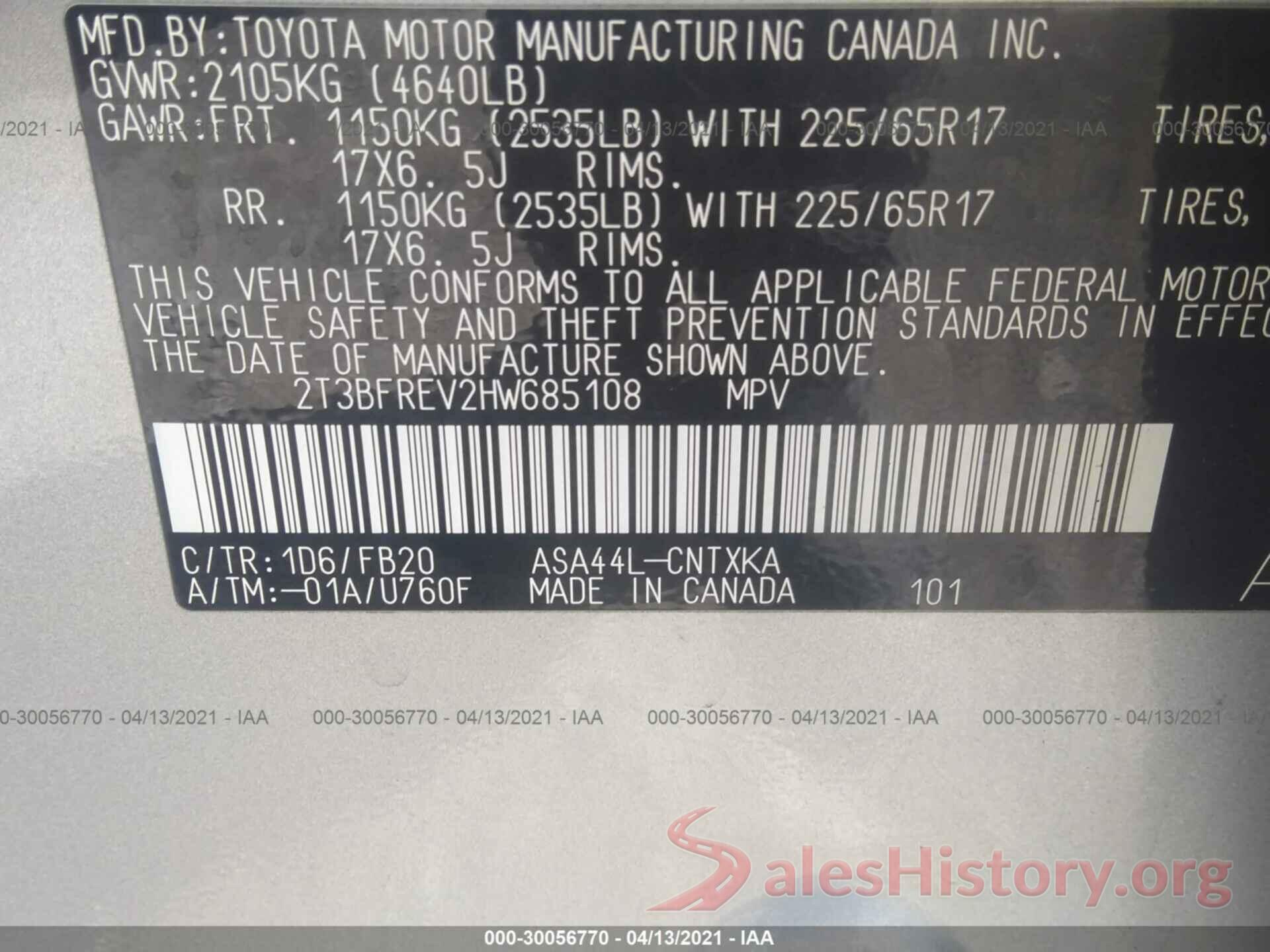 2T3BFREV2HW685108 2017 TOYOTA RAV4