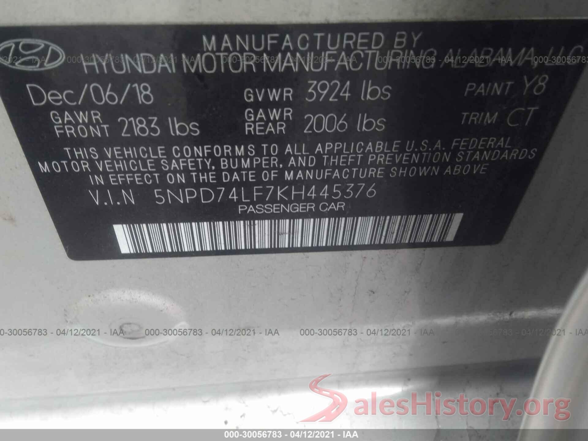 5NPD74LF7KH445376 2019 HYUNDAI ELANTRA