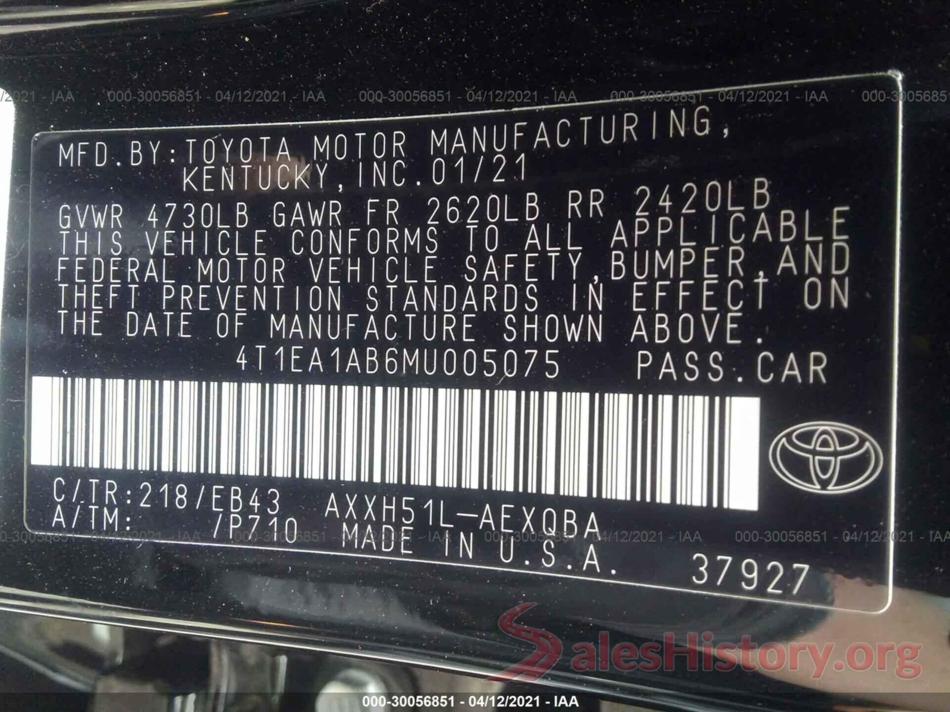 4T1EA1AB6MU005075 2021 TOYOTA AVALON