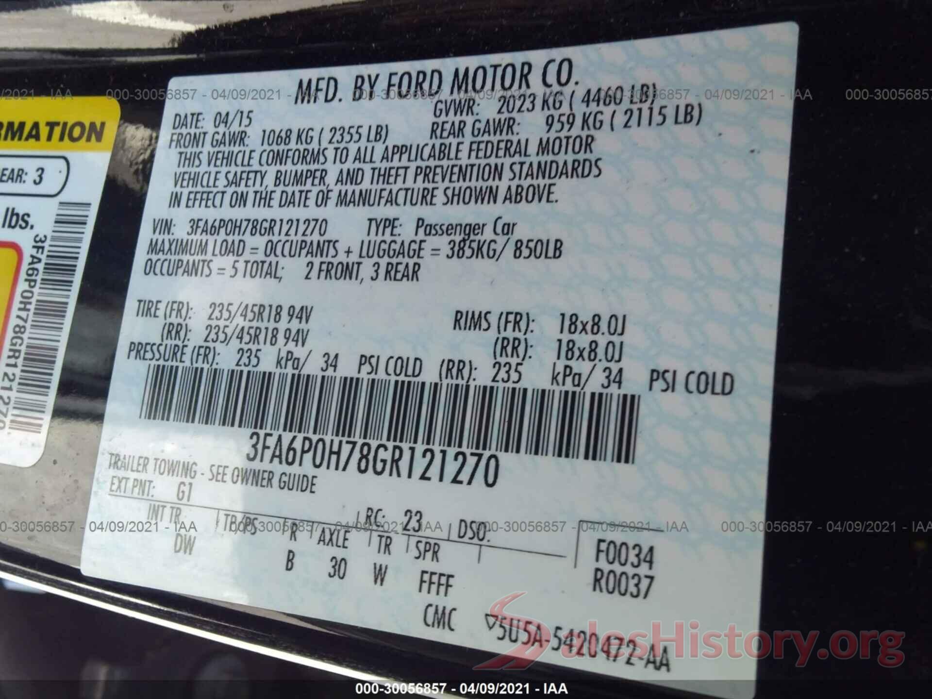 3FA6P0H78GR121270 2016 FORD FUSION