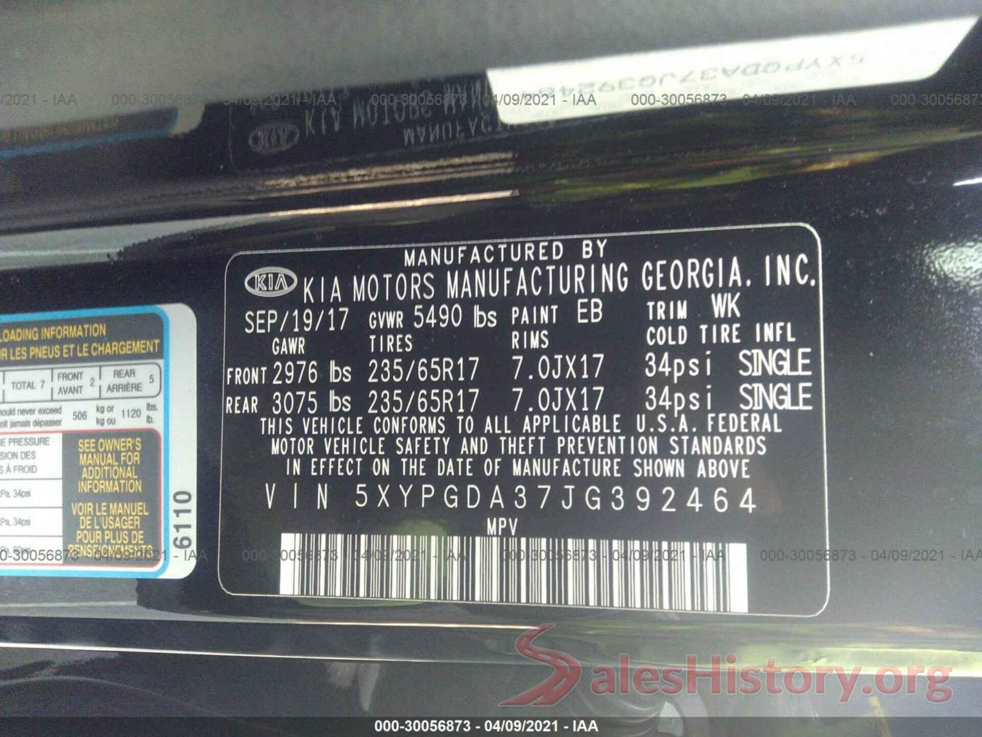 5XYPGDA37JG392464 2018 KIA SORENTO