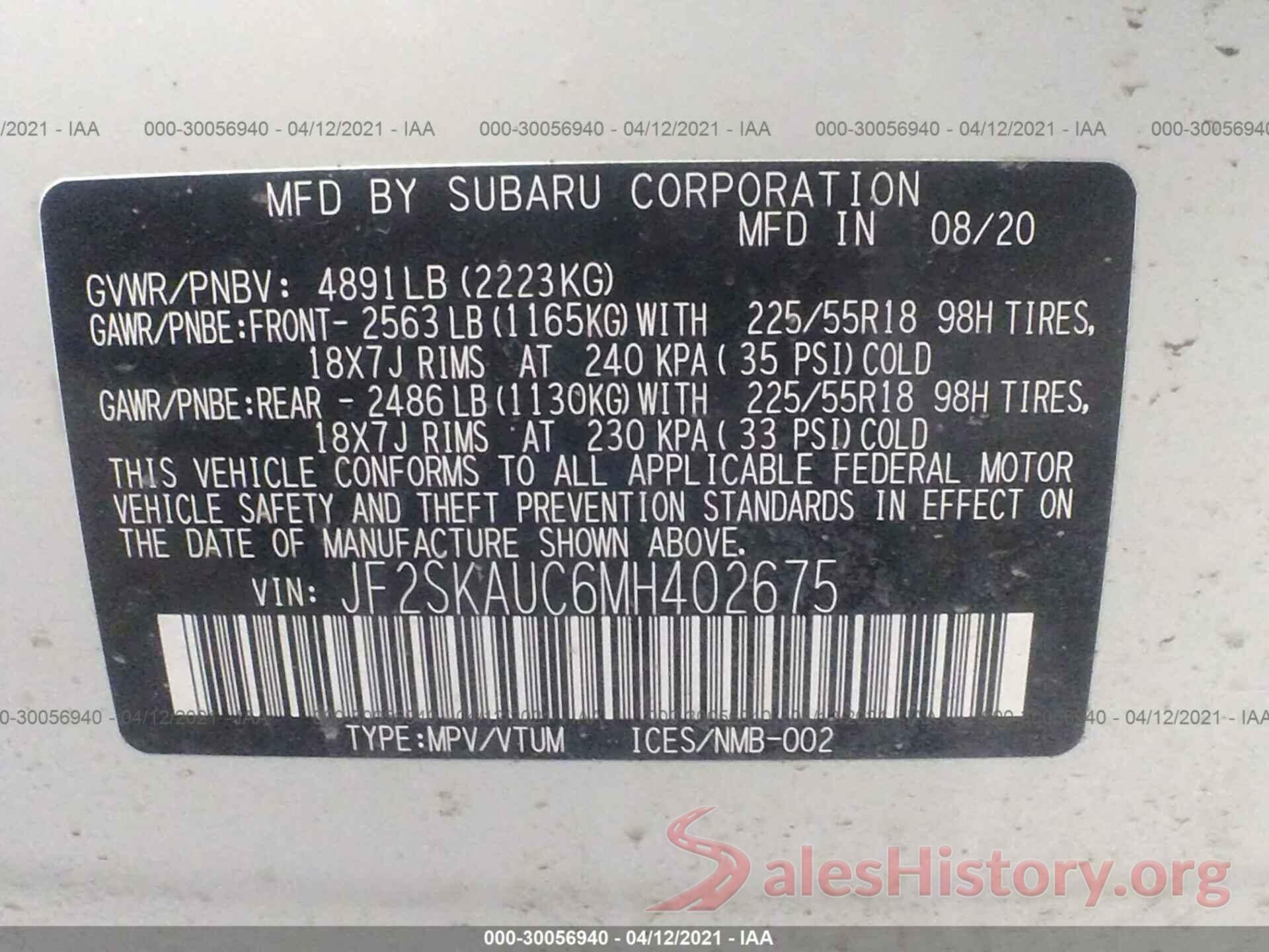 JF2SKAUC6MH402675 2021 SUBARU FORESTER