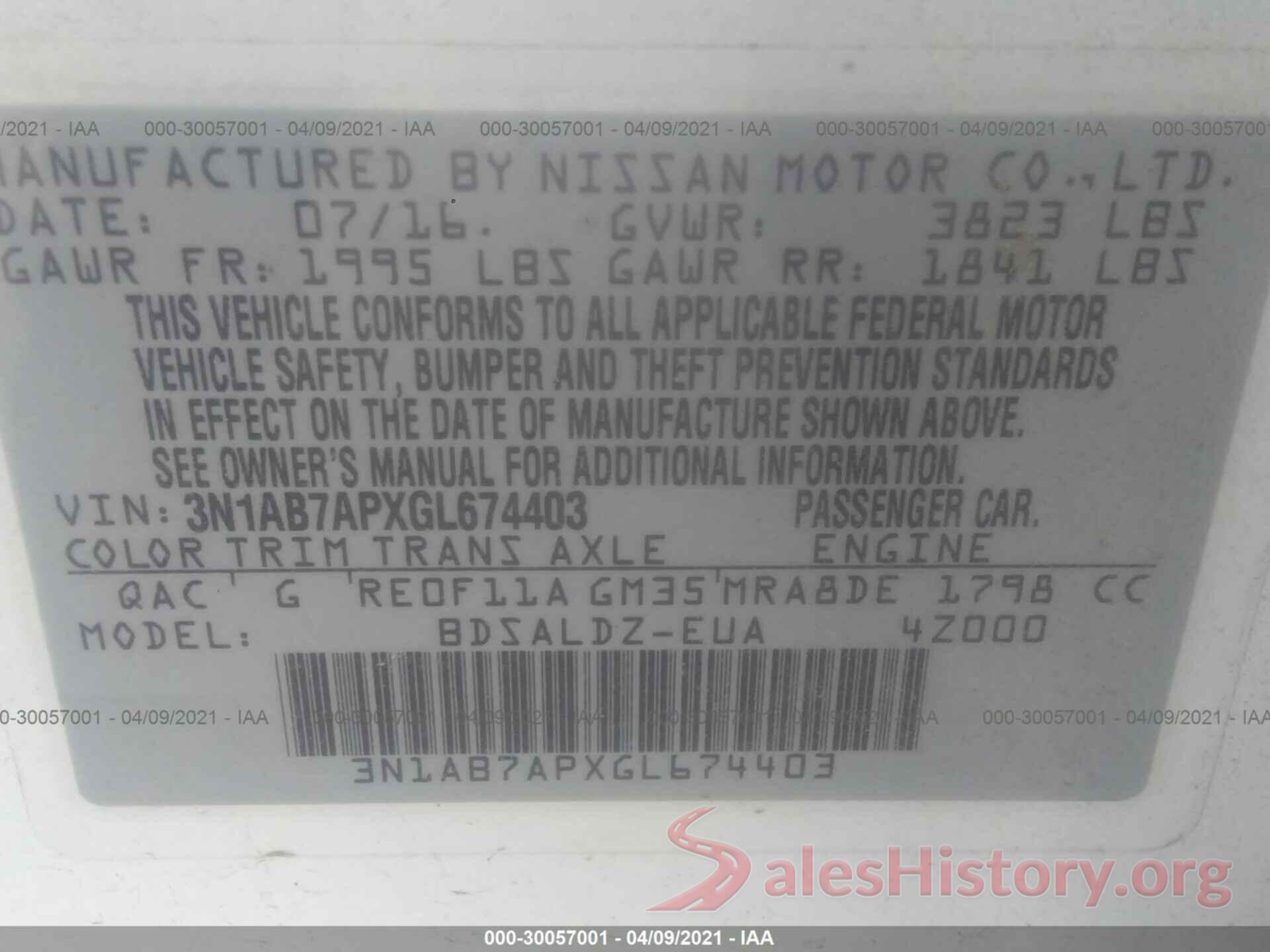 3N1AB7APXGL674403 2016 NISSAN SENTRA