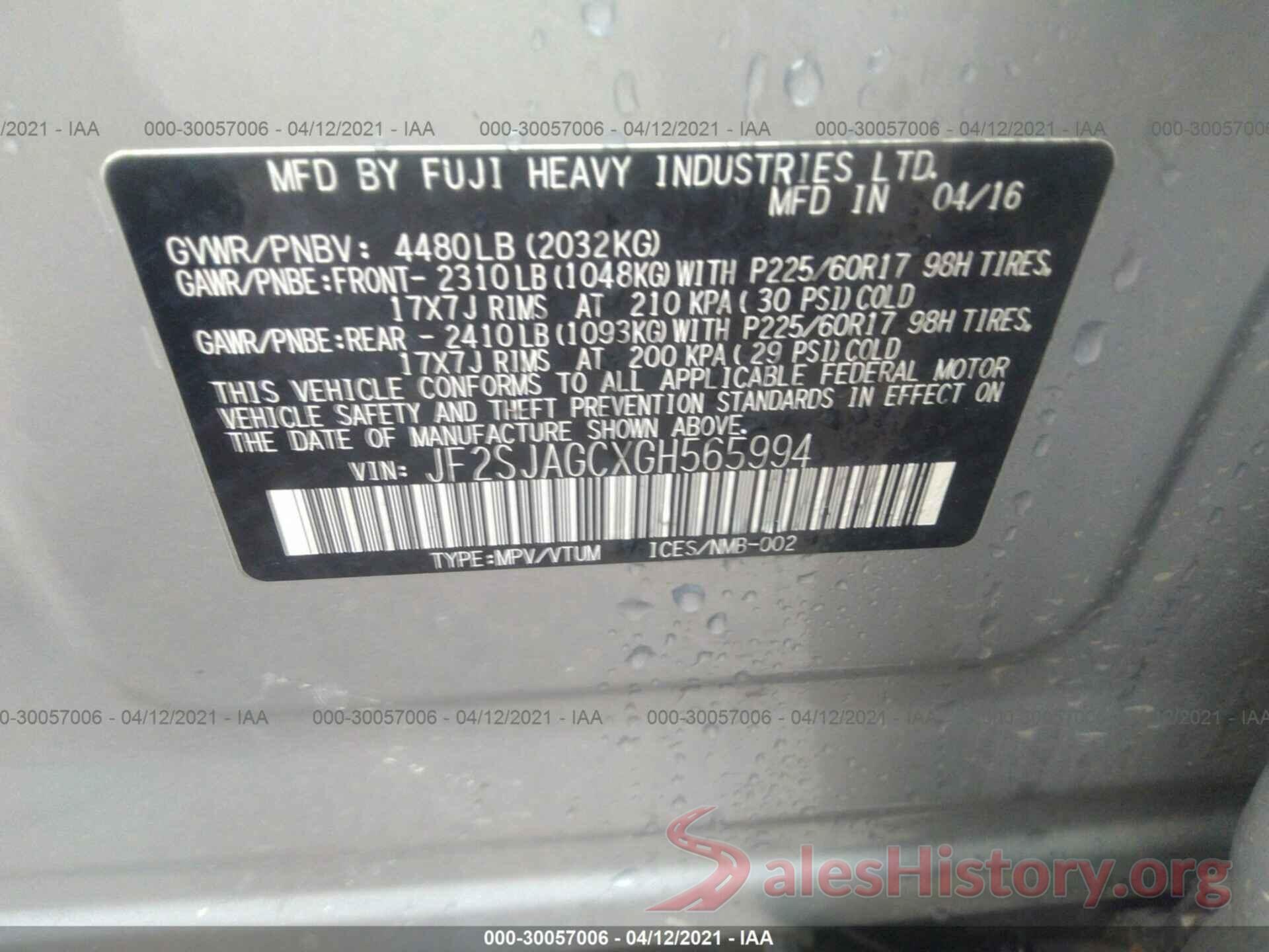 JF2SJAGCXGH565994 2016 SUBARU FORESTER