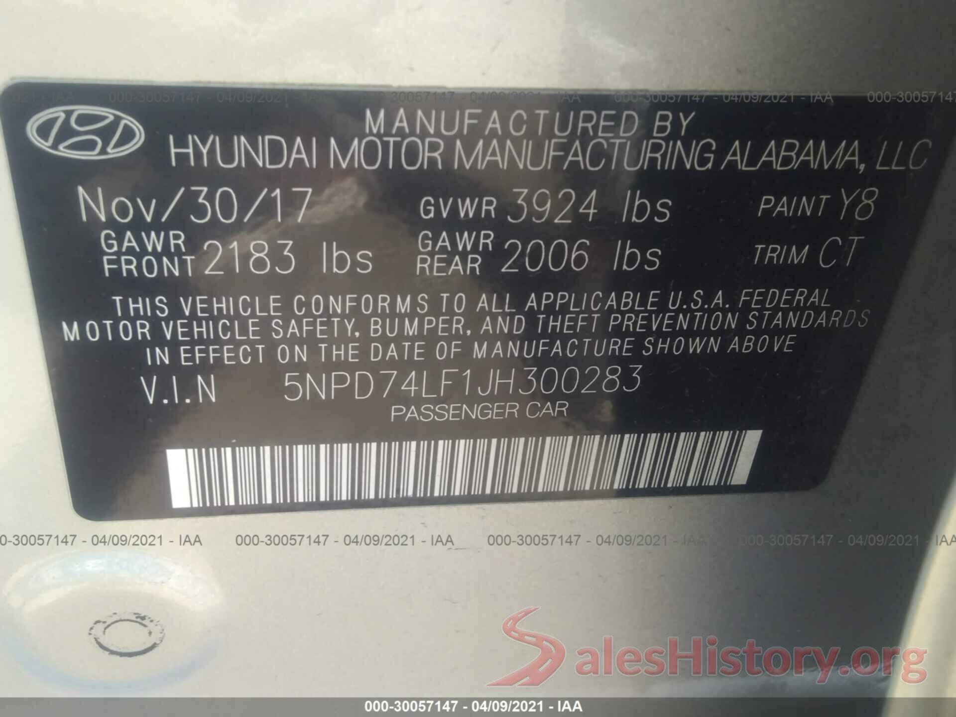 5NPD74LF1JH300283 2018 HYUNDAI ELANTRA