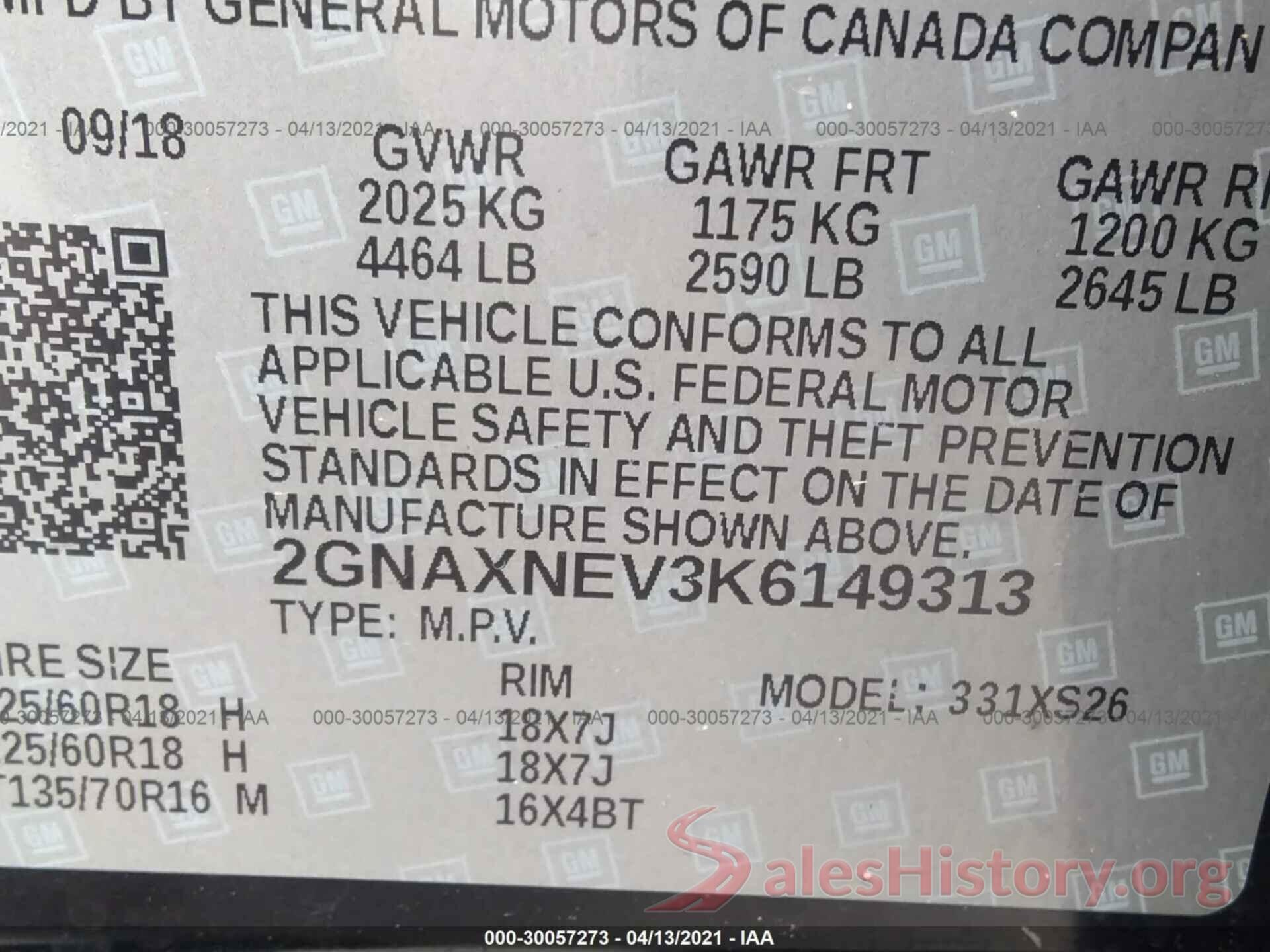 2GNAXNEV3K6149313 2019 CHEVROLET EQUINOX