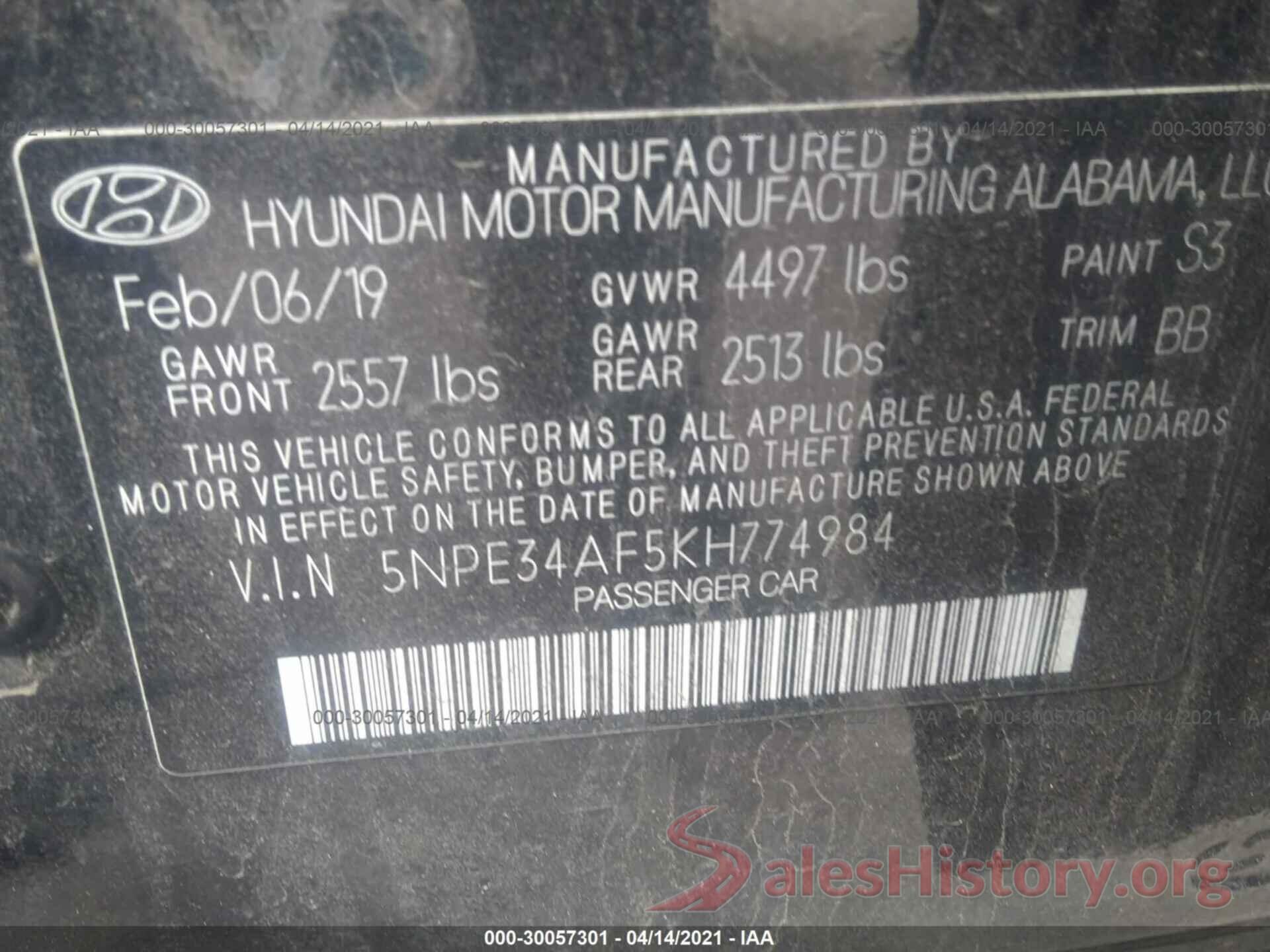 5NPE34AF5KH774984 2019 HYUNDAI SONATA