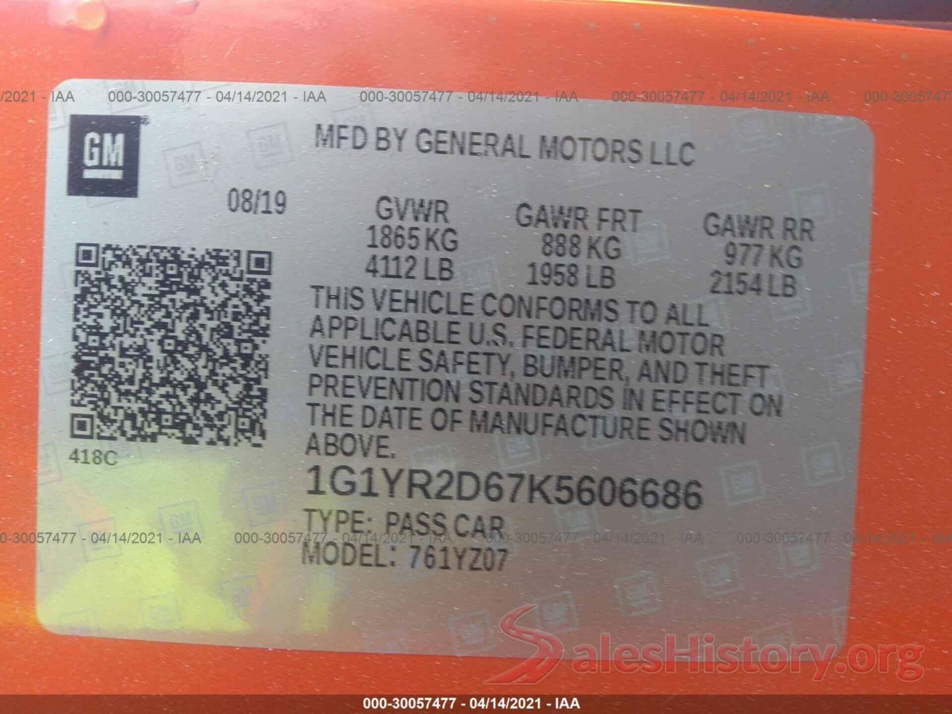 1G1YR2D67K5606686 2019 CHEVROLET CORVETTE