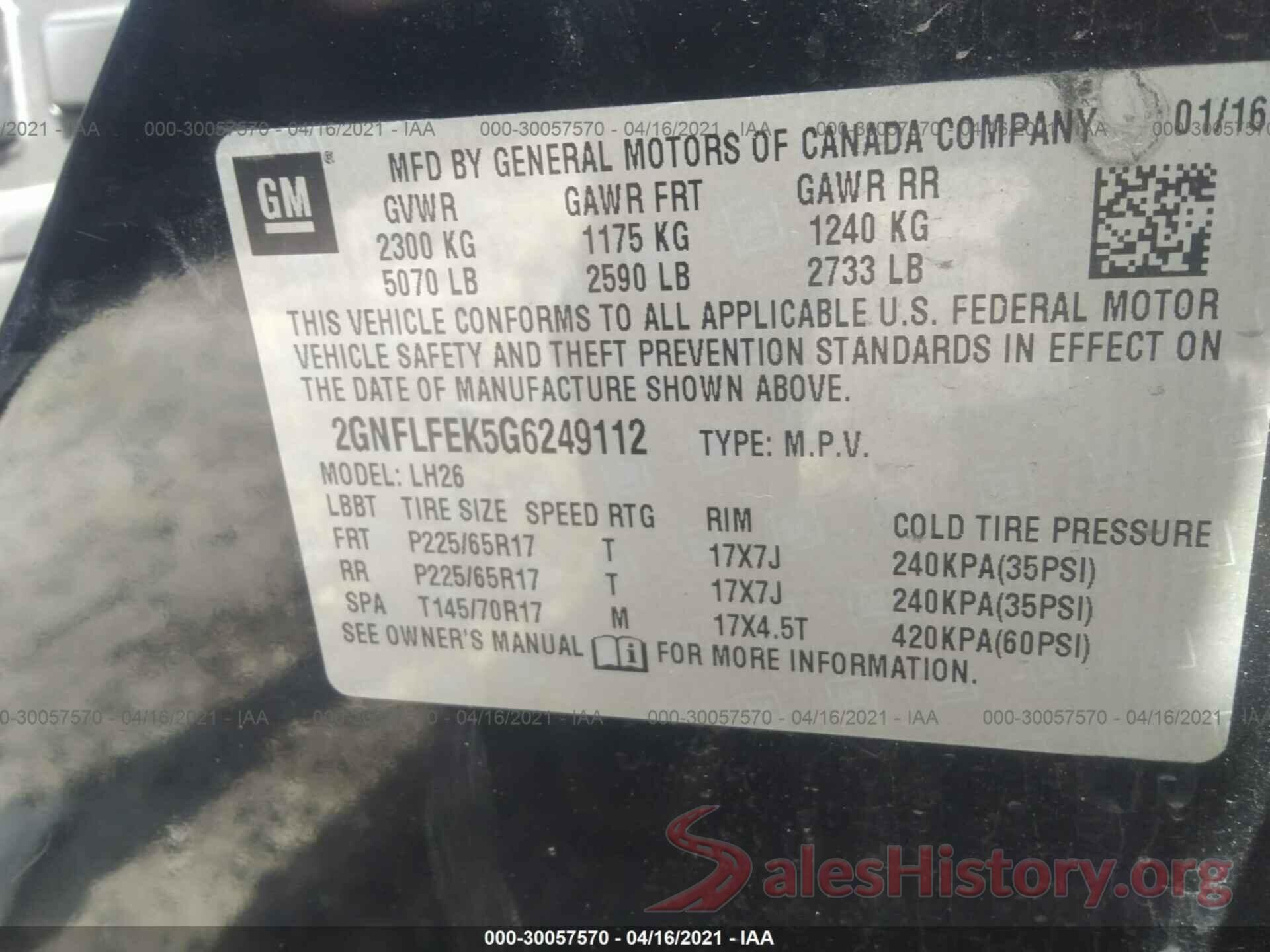 2GNFLFEK5G6249112 2016 CHEVROLET EQUINOX