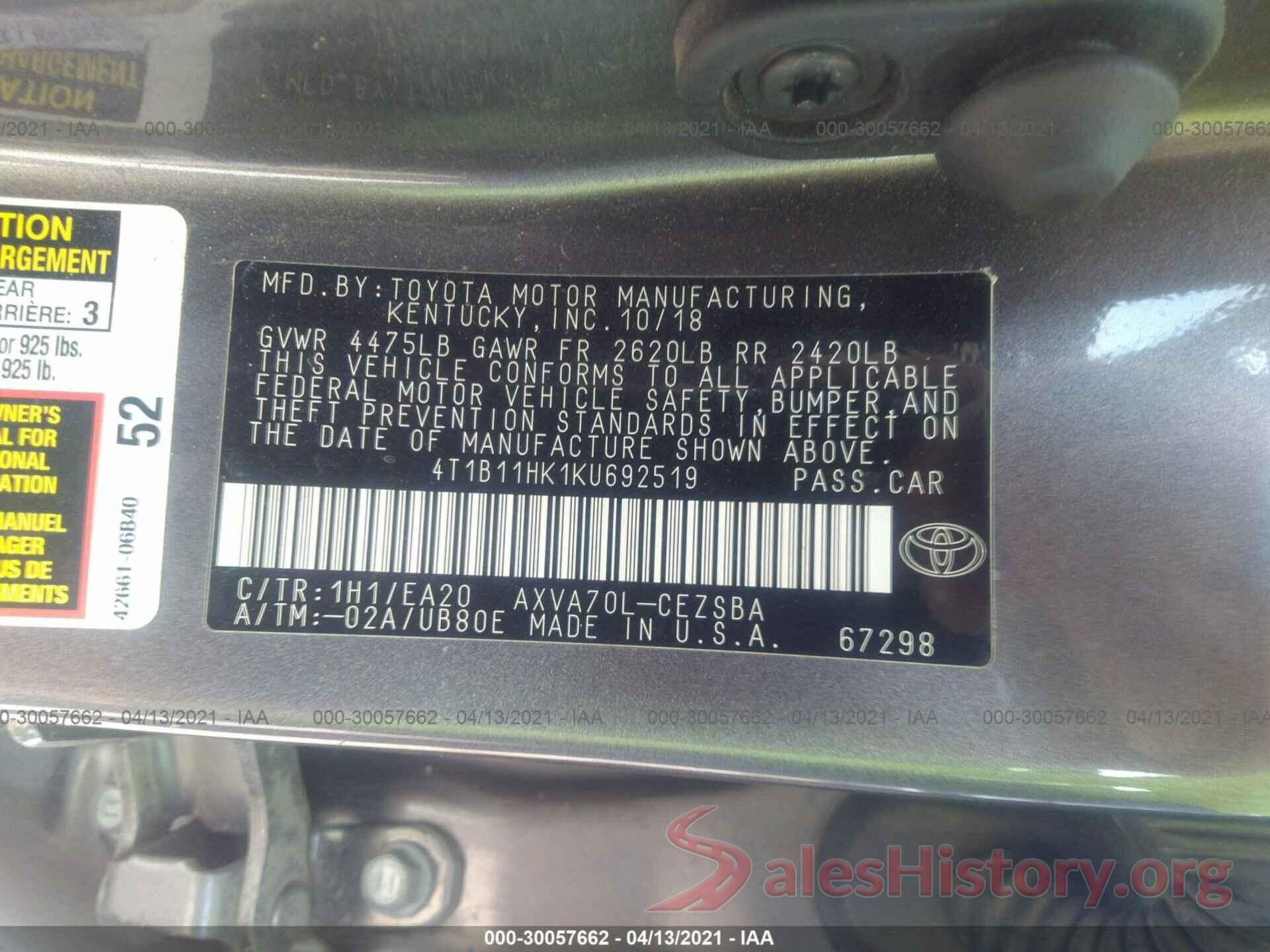 4T1B11HK1KU692519 2019 TOYOTA CAMRY