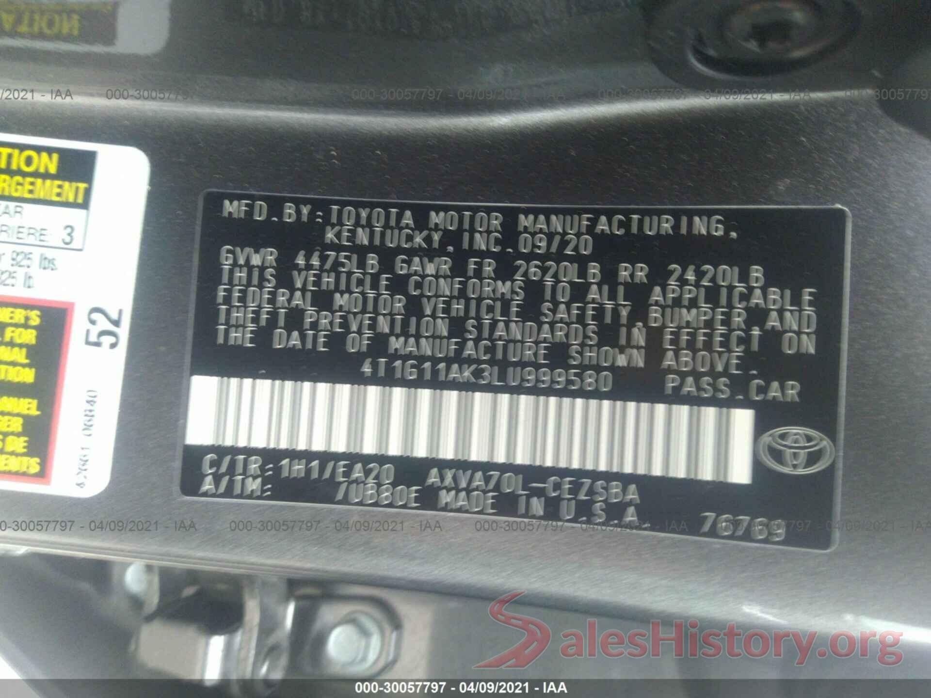 4T1G11AK3LU999580 2020 TOYOTA CAMRY