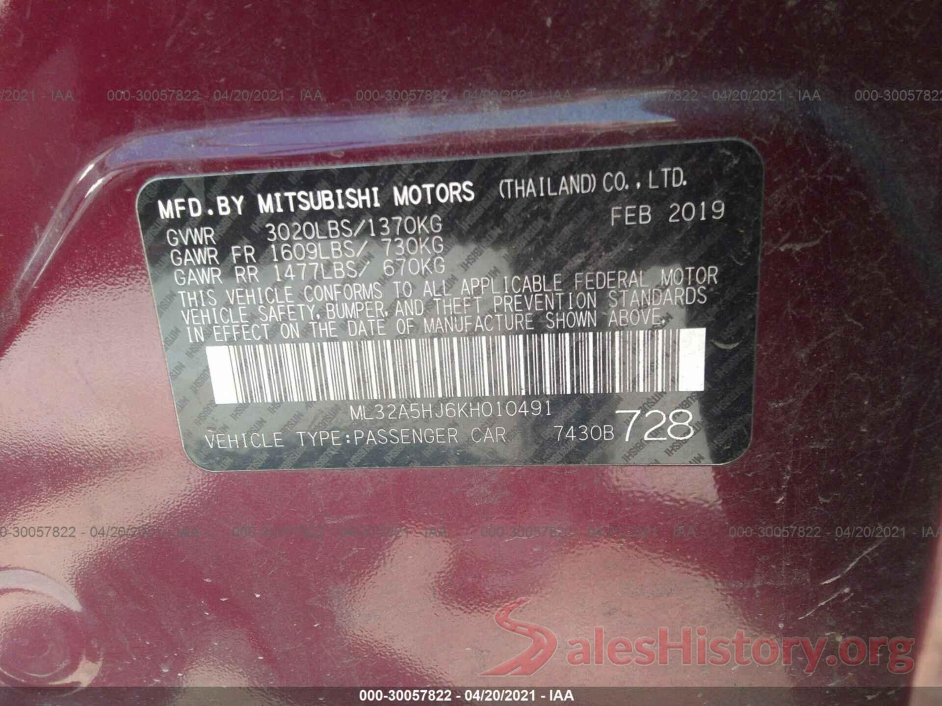 ML32A5HJ6KH010491 2019 MITSUBISHI MIRAGE