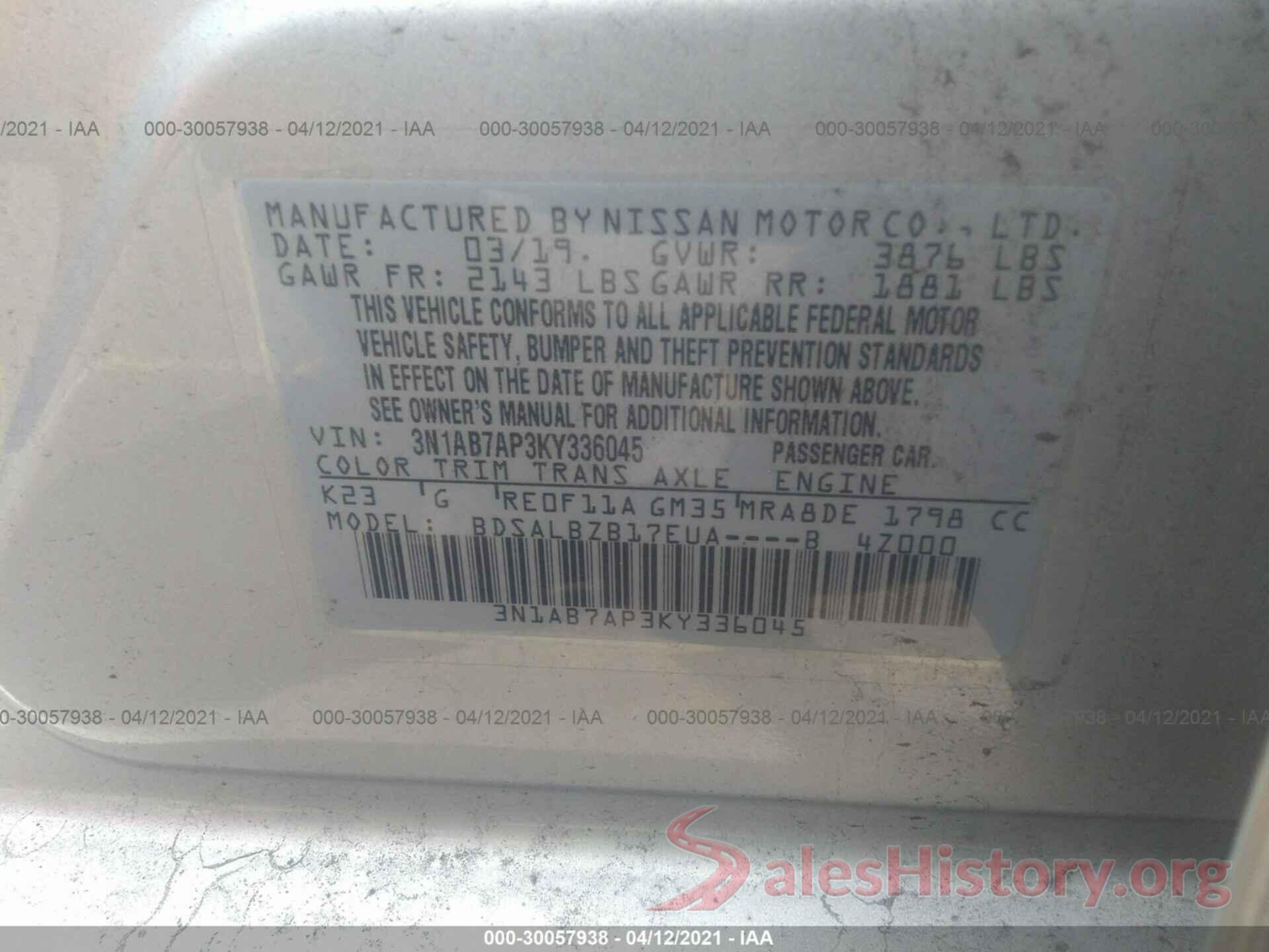 3N1AB7AP3KY336045 2019 NISSAN SENTRA