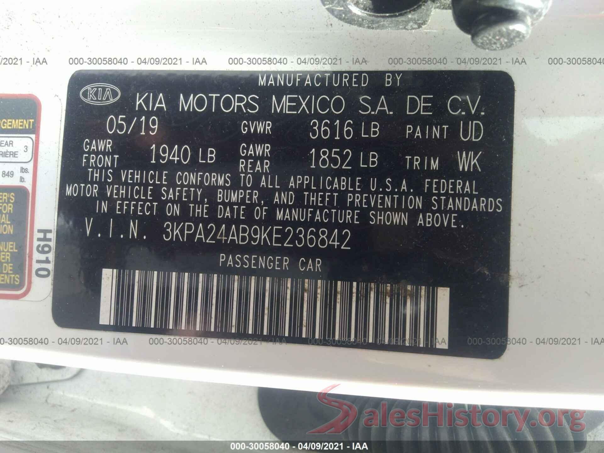 3KPA24AB9KE236842 2019 KIA RIO