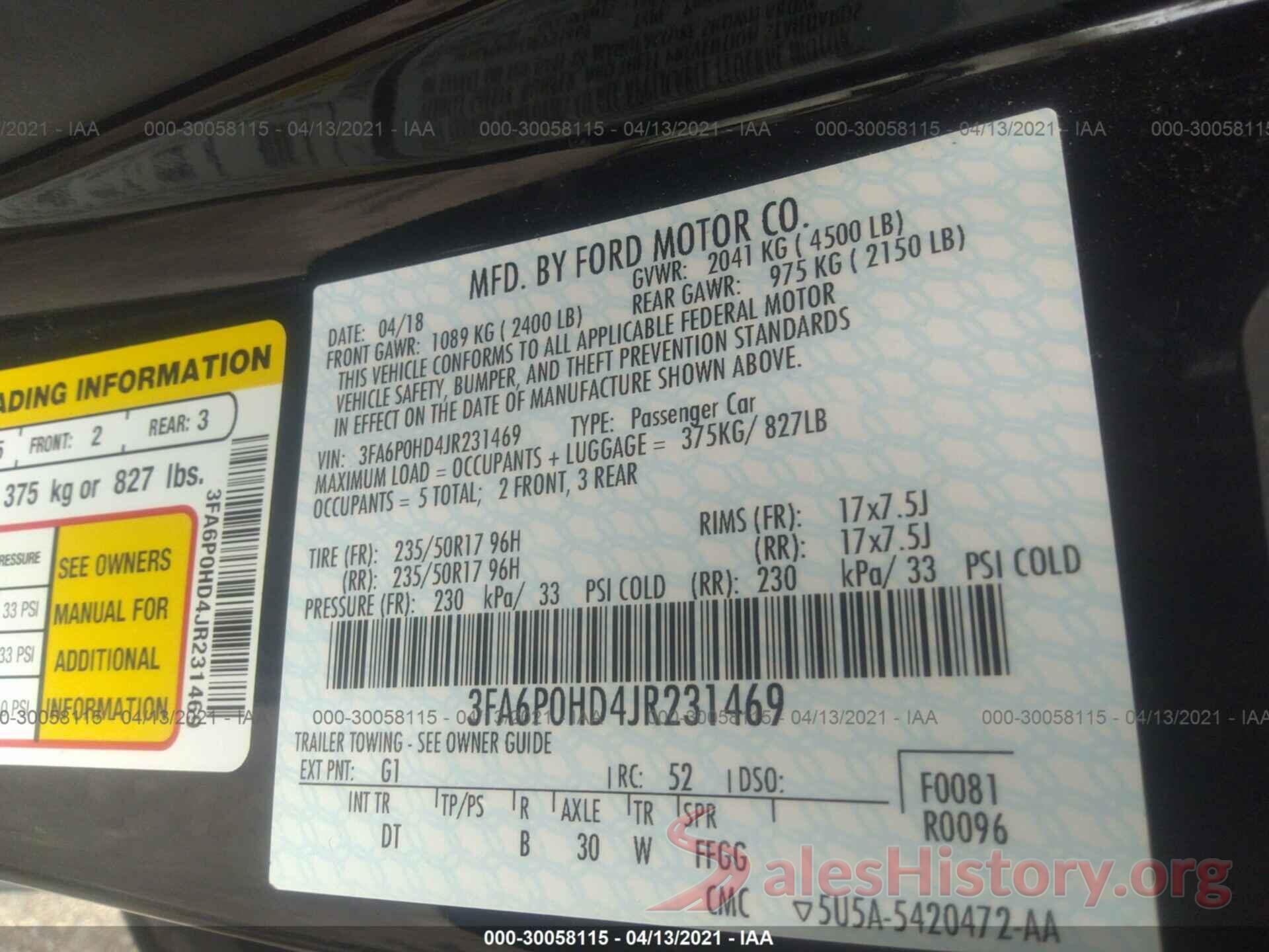 3FA6P0HD4JR231469 2018 FORD FUSION