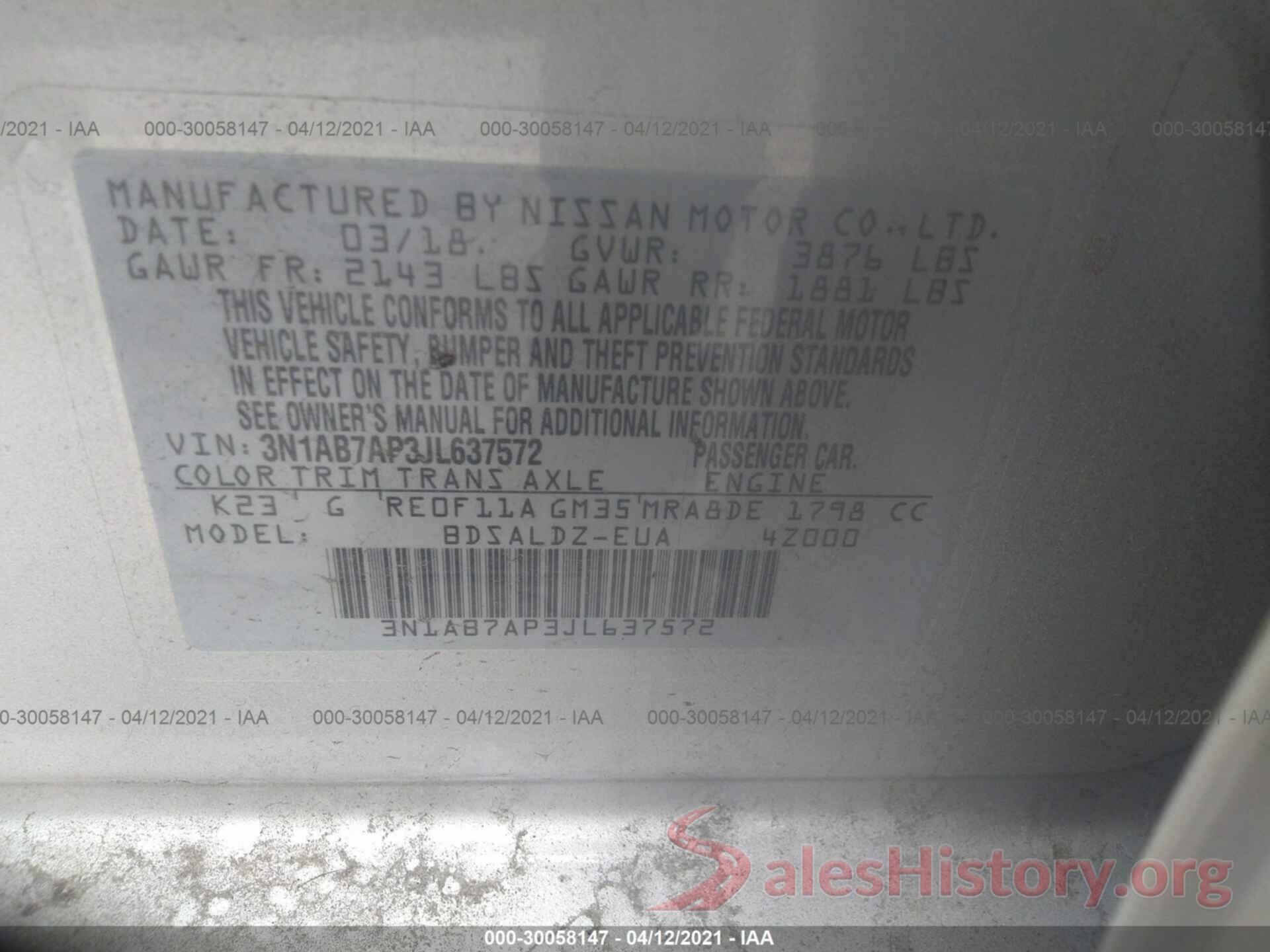 3N1AB7AP3JL637572 2018 NISSAN SENTRA