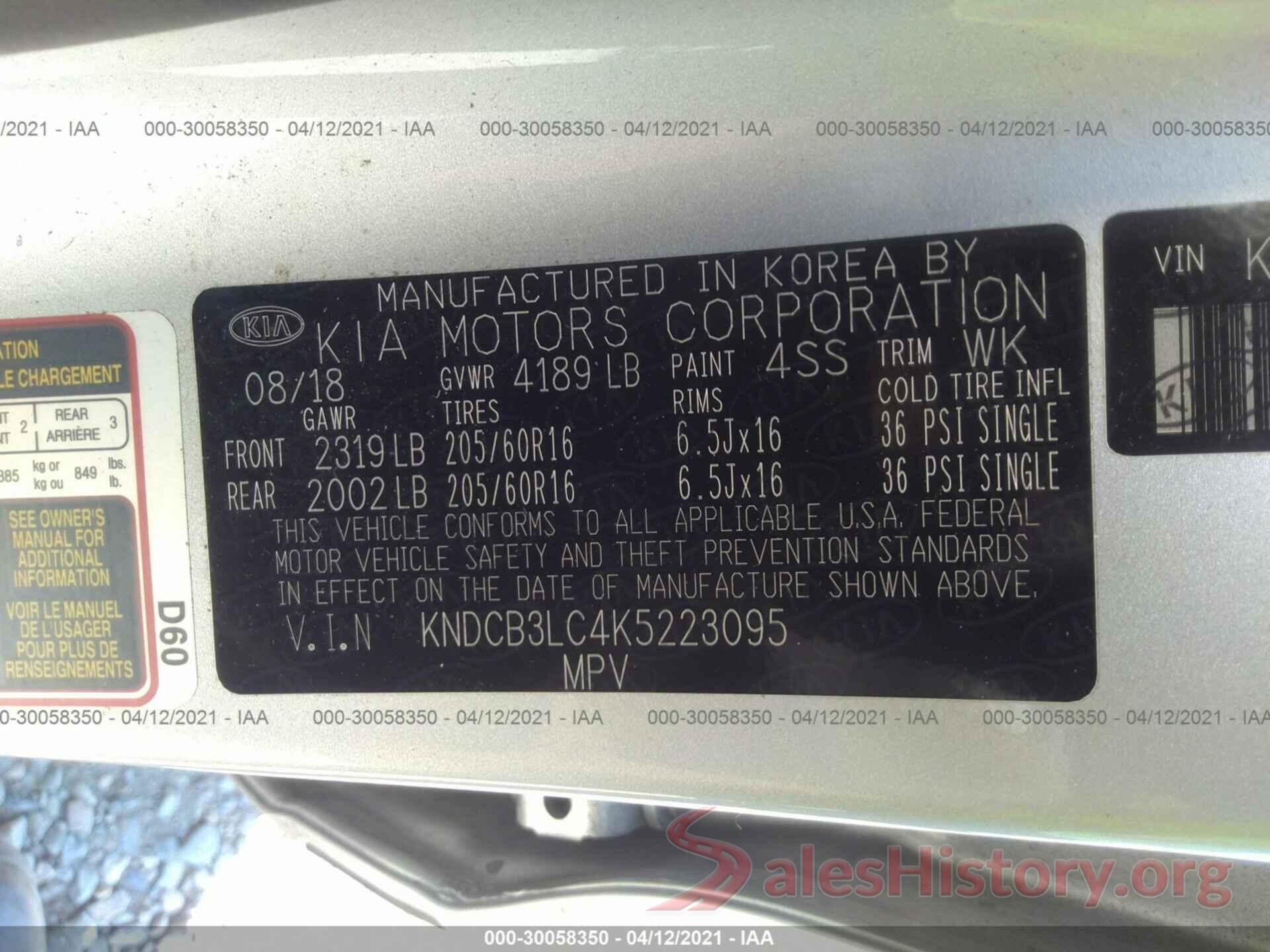 KNDCB3LC4K5223095 2019 KIA NIRO