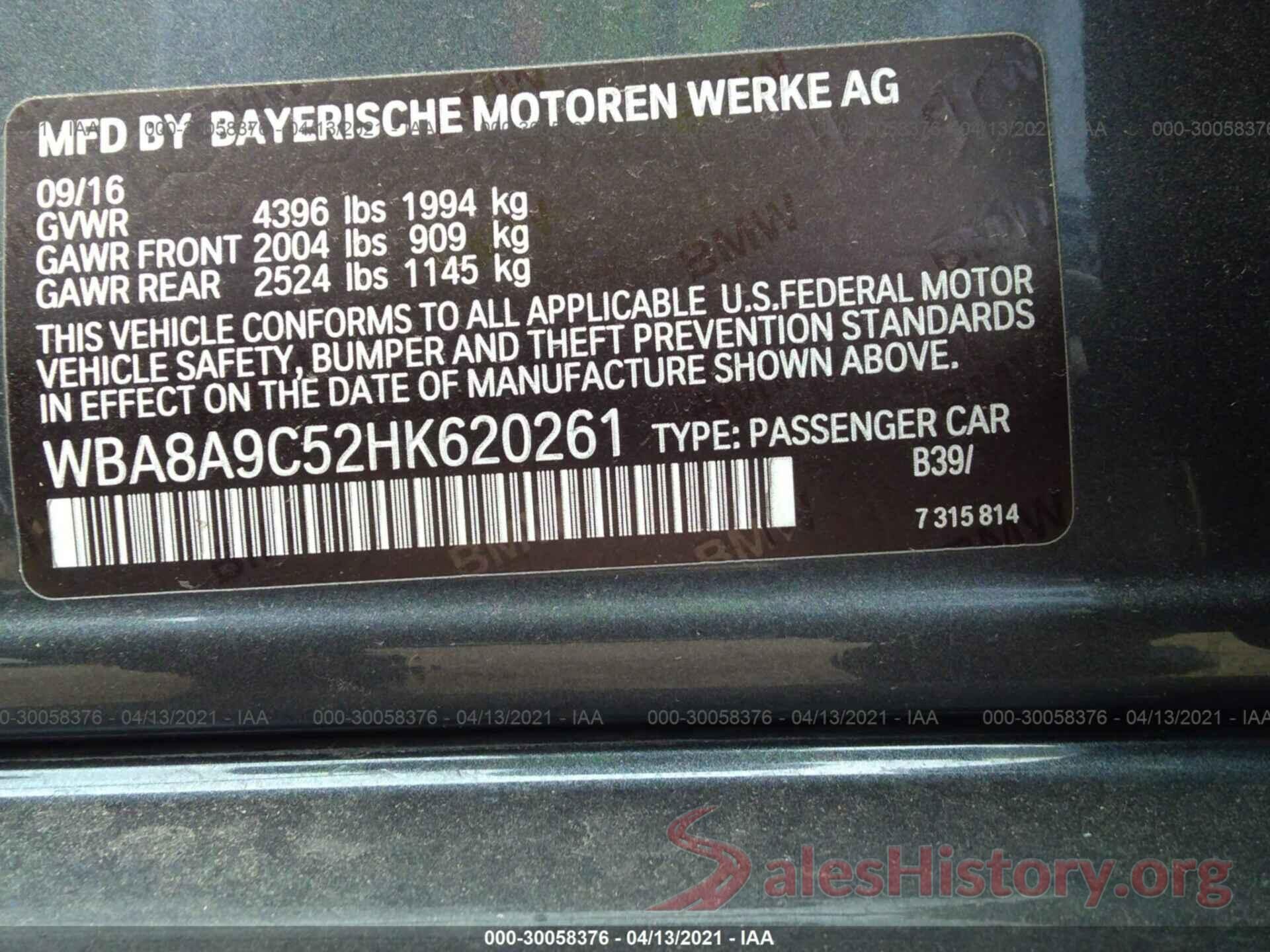 WBA8A9C52HK620261 2017 BMW 3 SERIES