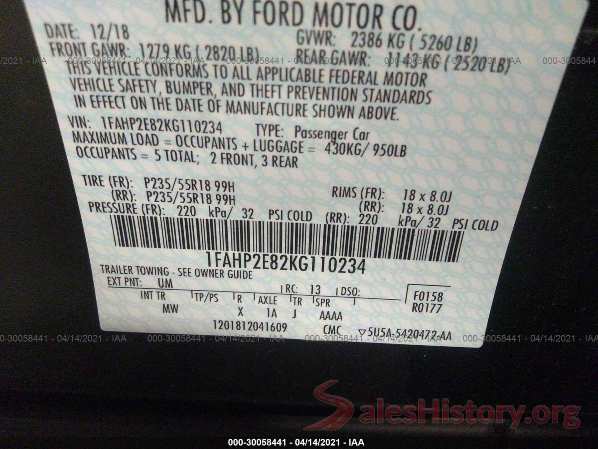 1FAHP2E82KG110234 2019 FORD TAURUS