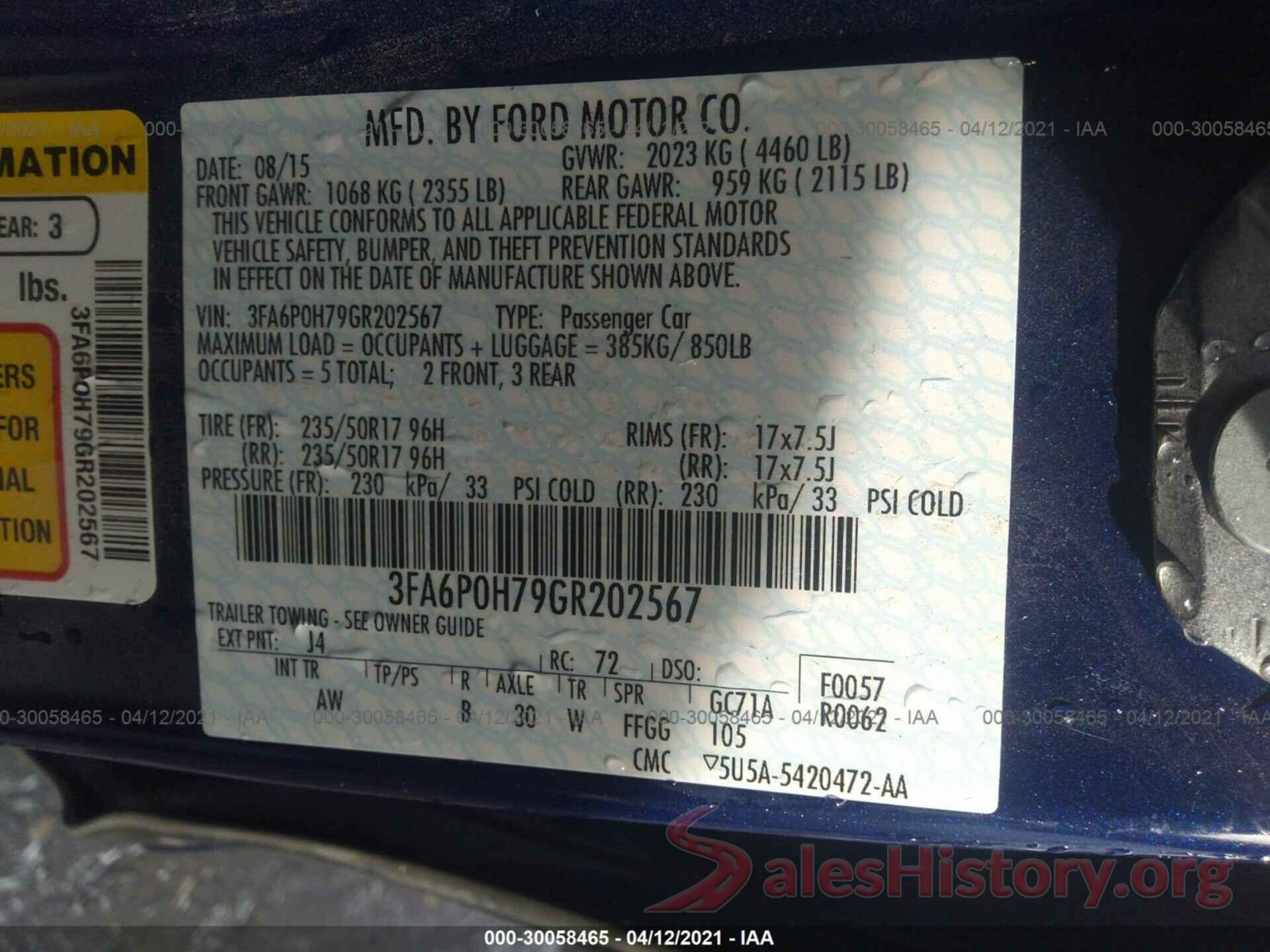 3FA6P0H79GR202567 2016 FORD FUSION