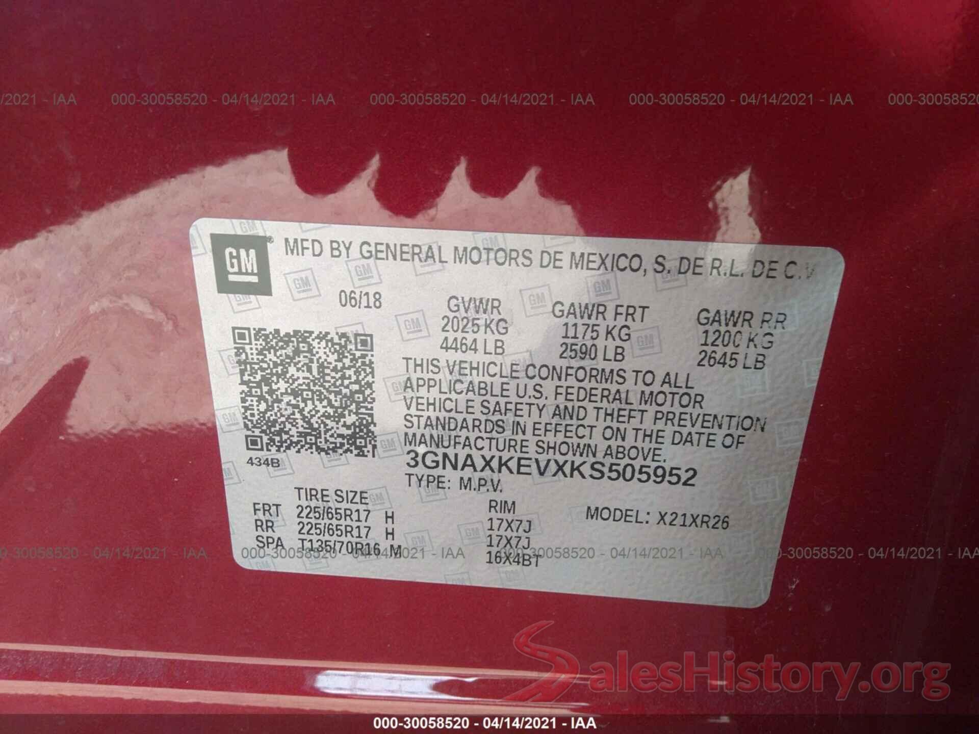 3GNAXKEVXKS505952 2019 CHEVROLET EQUINOX