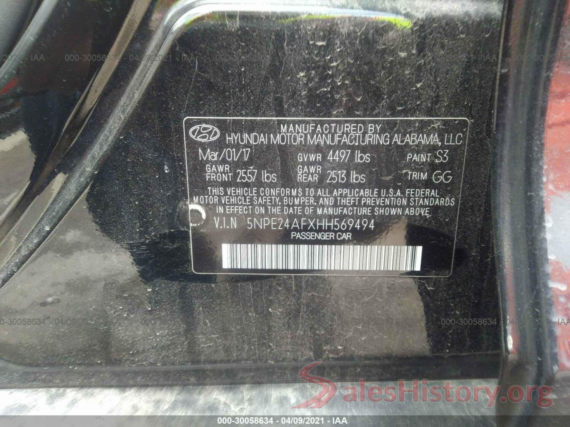 5NPE24AFXHH569494 2017 HYUNDAI SONATA