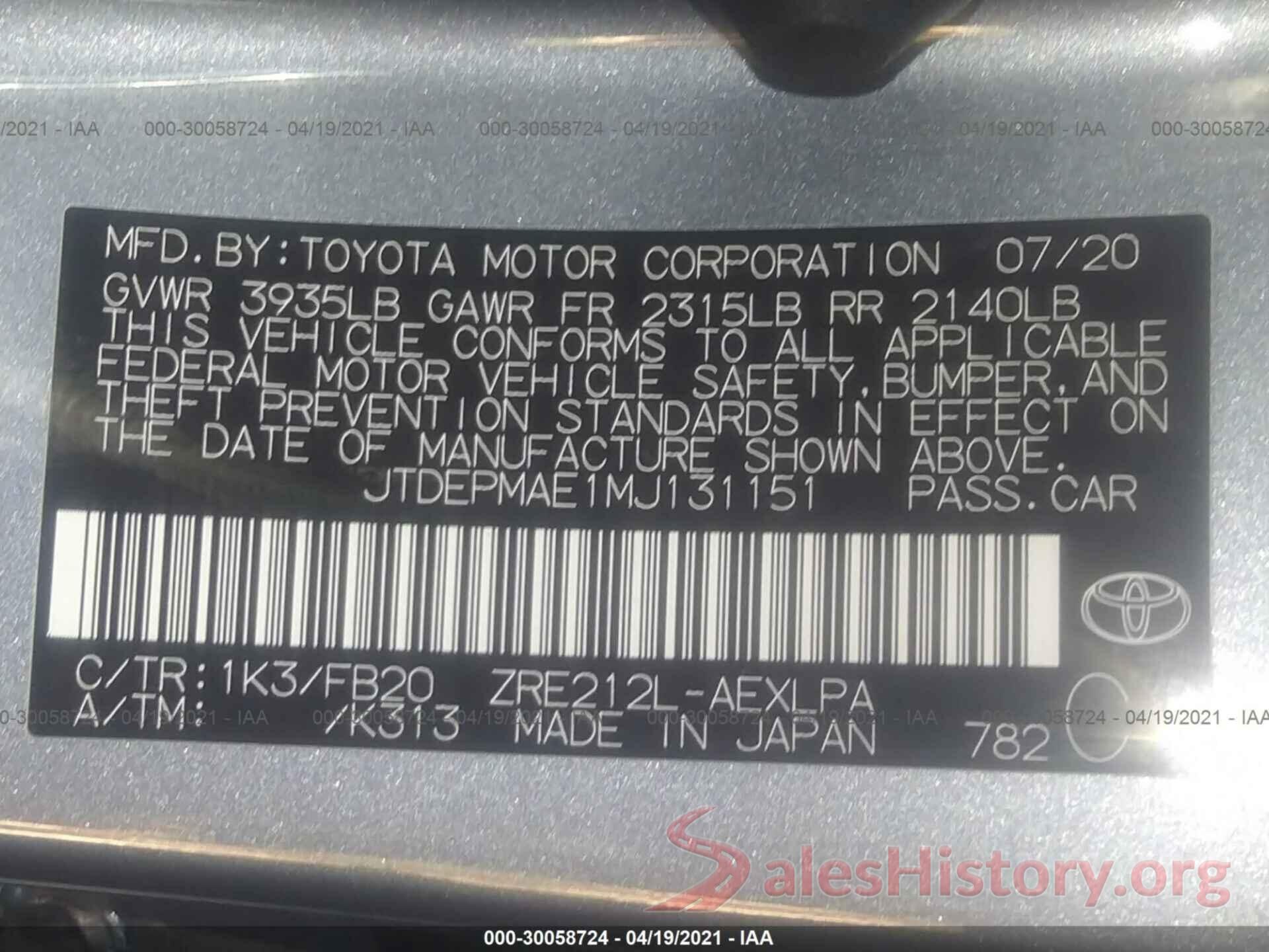 JTDEPMAE1MJ131151 2021 TOYOTA COROLLA