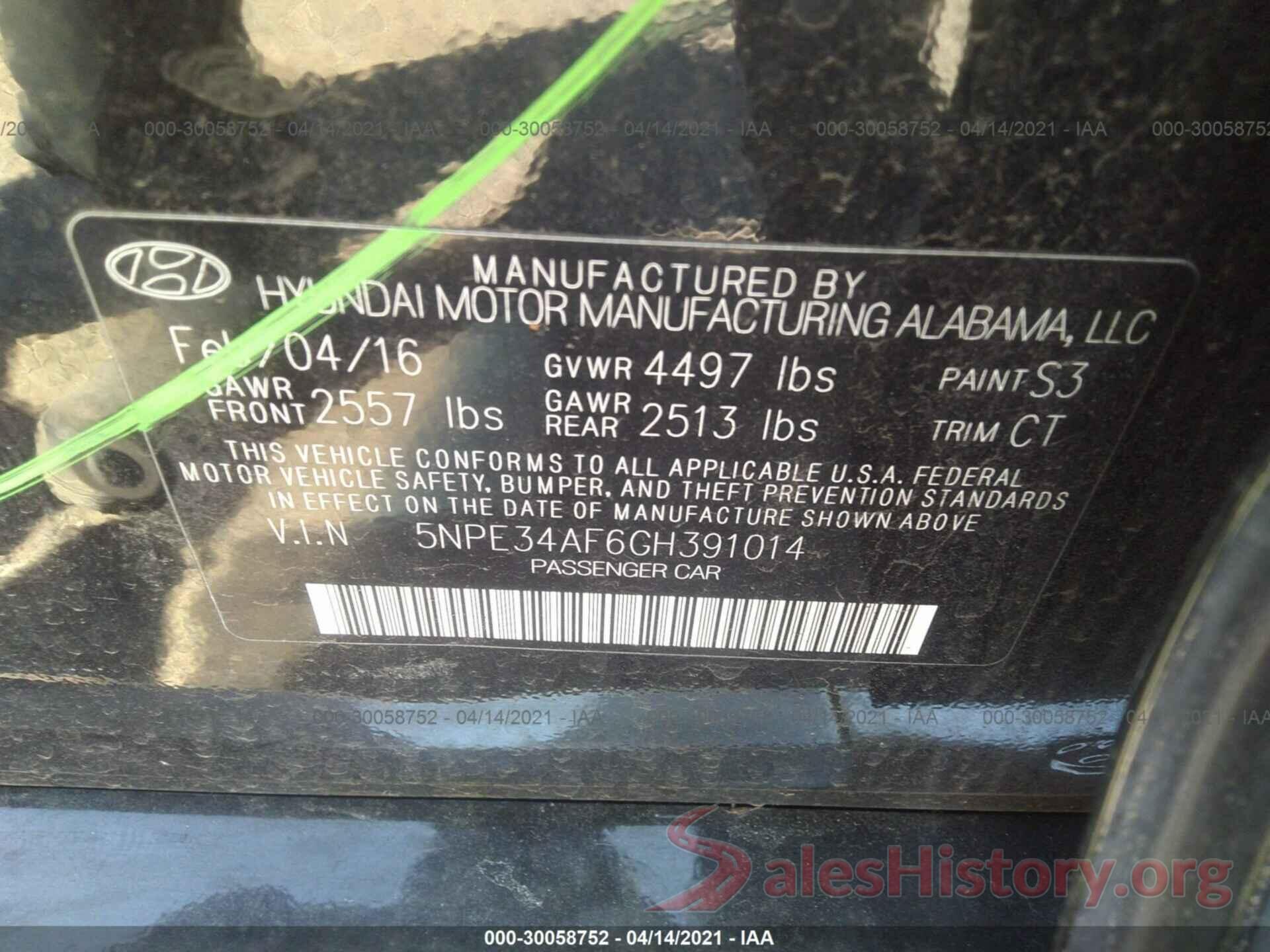 5NPE34AF6GH391014 2016 HYUNDAI SONATA