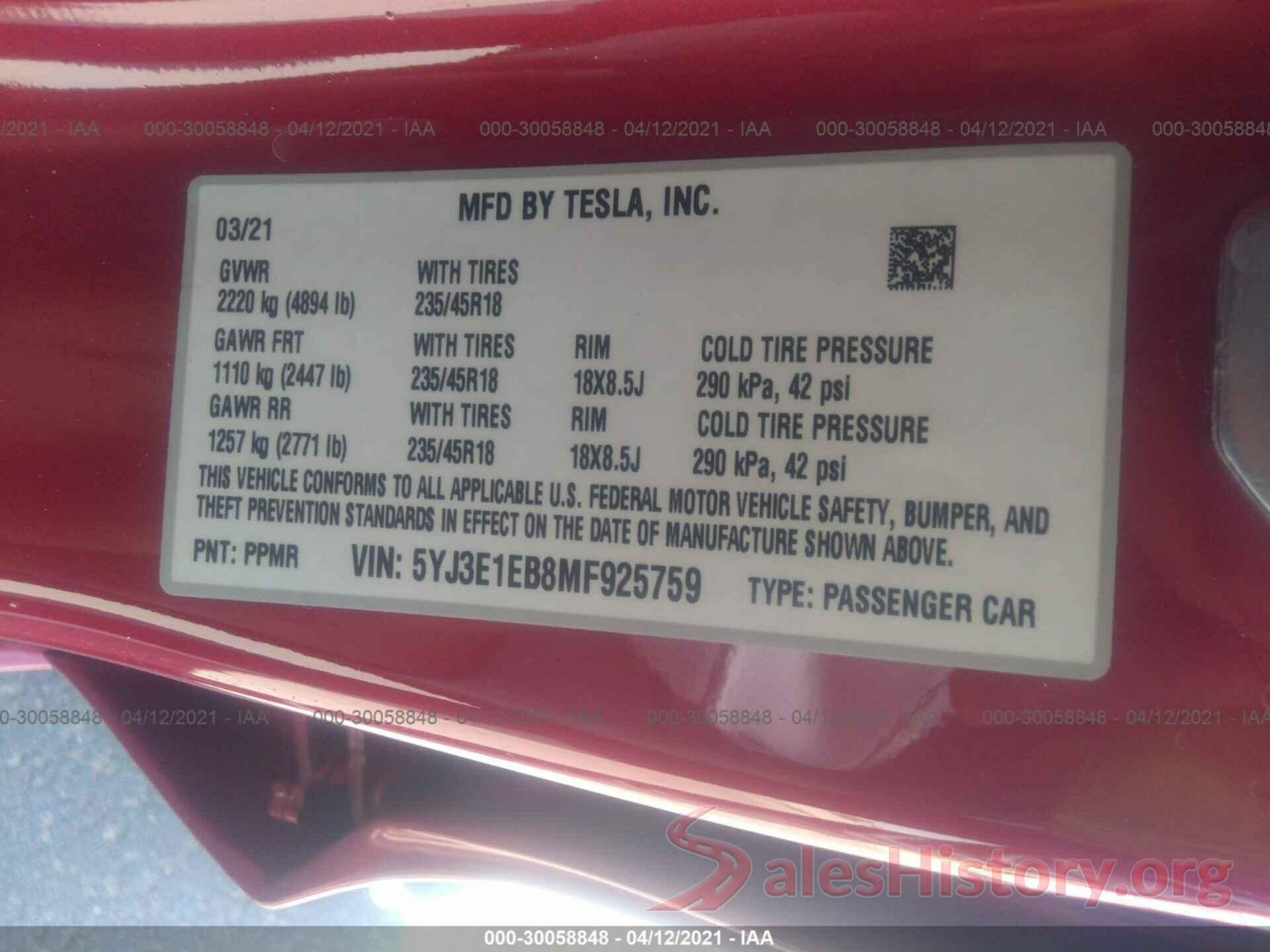 5YJ3E1EB8MF925759 2021 TESLA MODEL 3