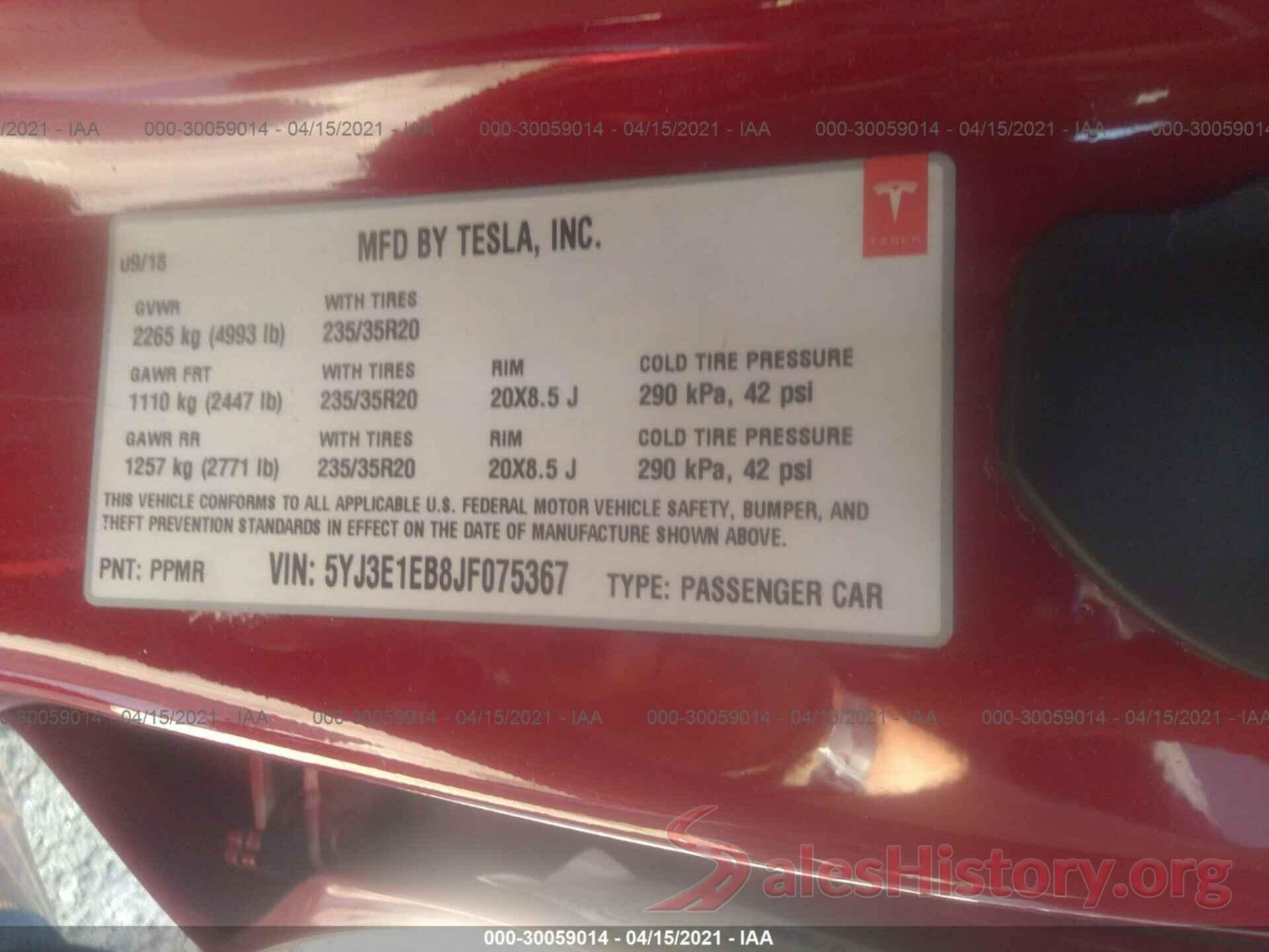 5YJ3E1EB8JF075367 2018 TESLA MODEL 3