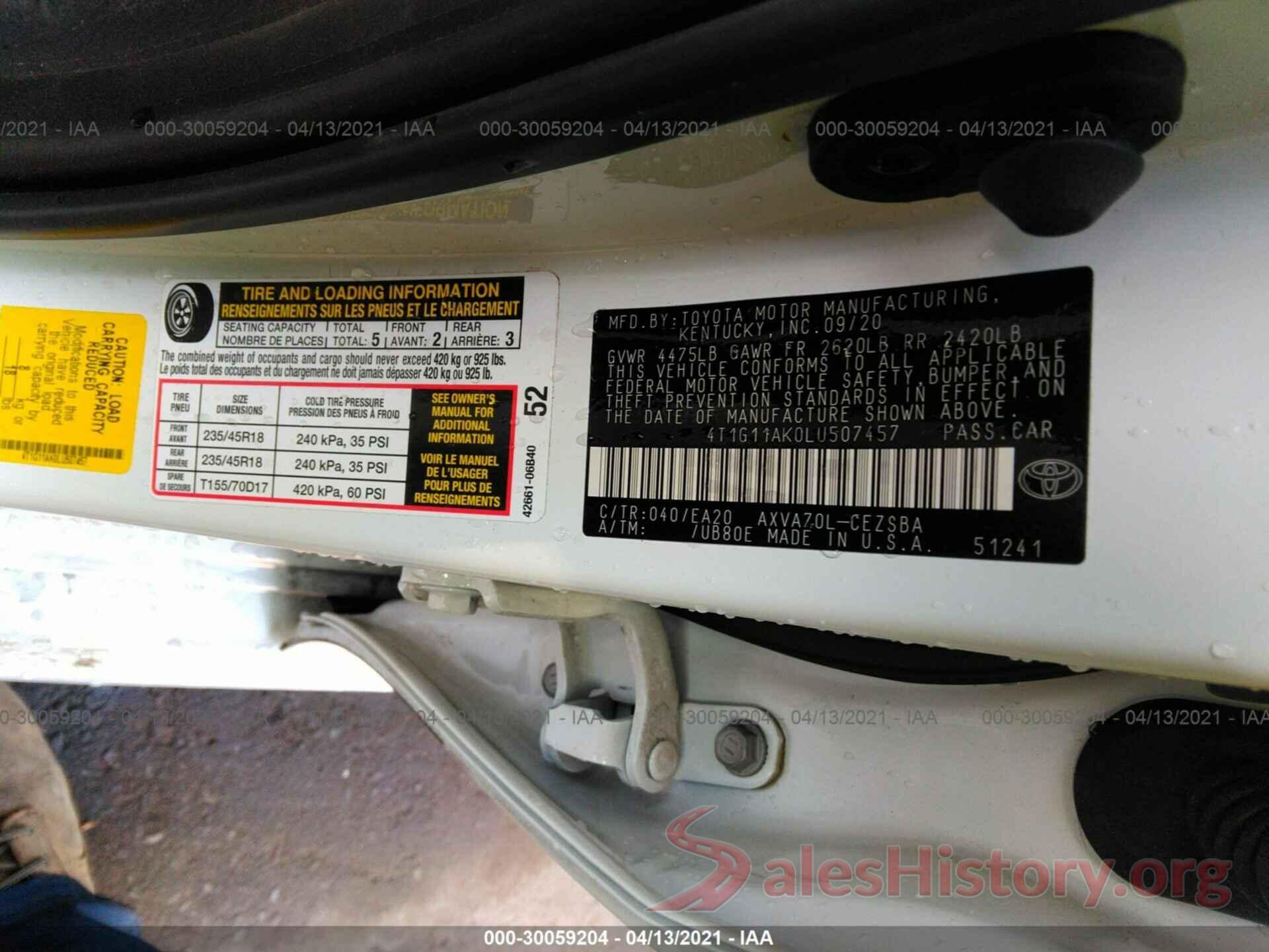 4T1G11AK0LU507457 2020 TOYOTA CAMRY