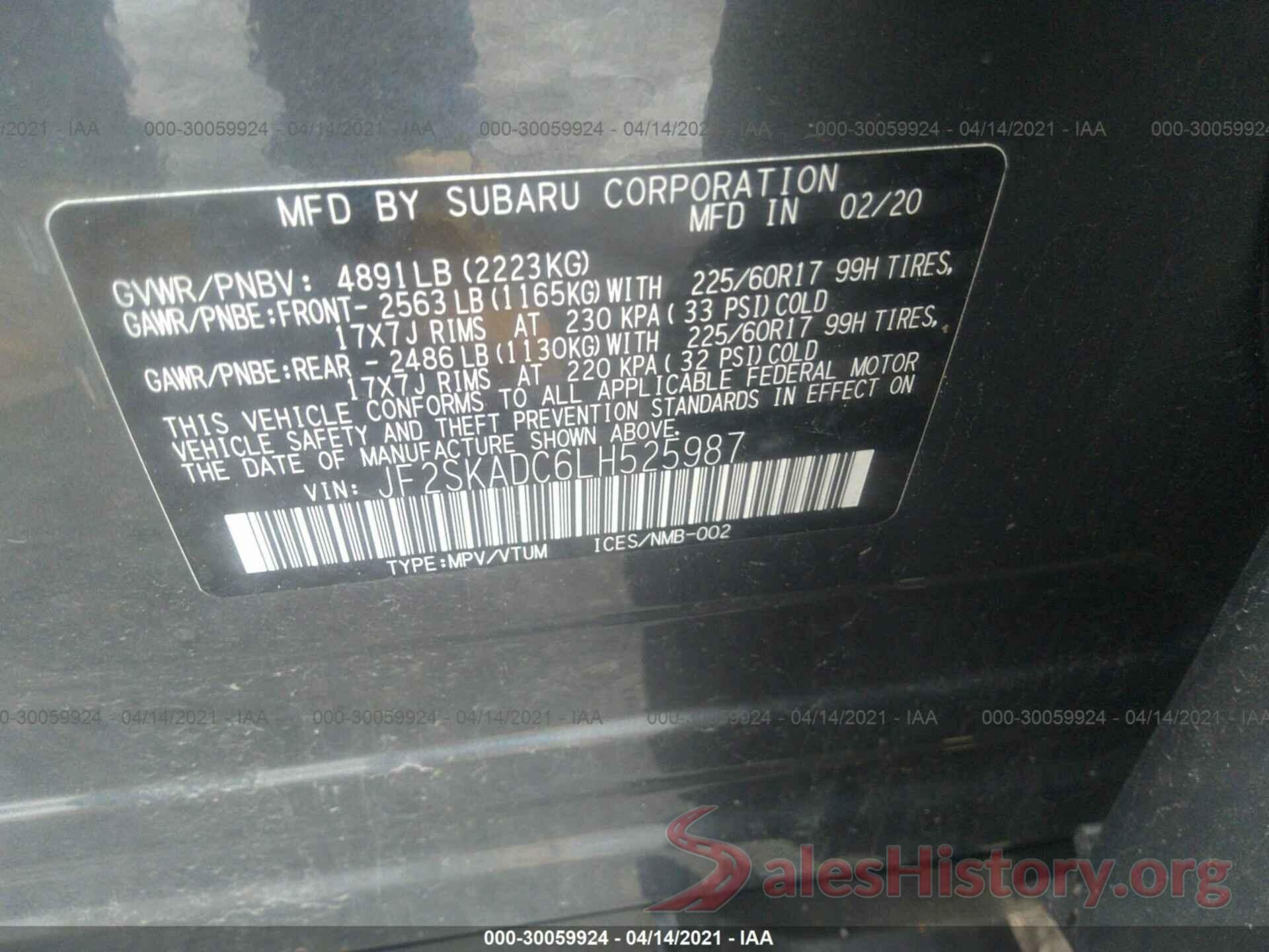 JF2SKADC6LH525987 2020 SUBARU FORESTER