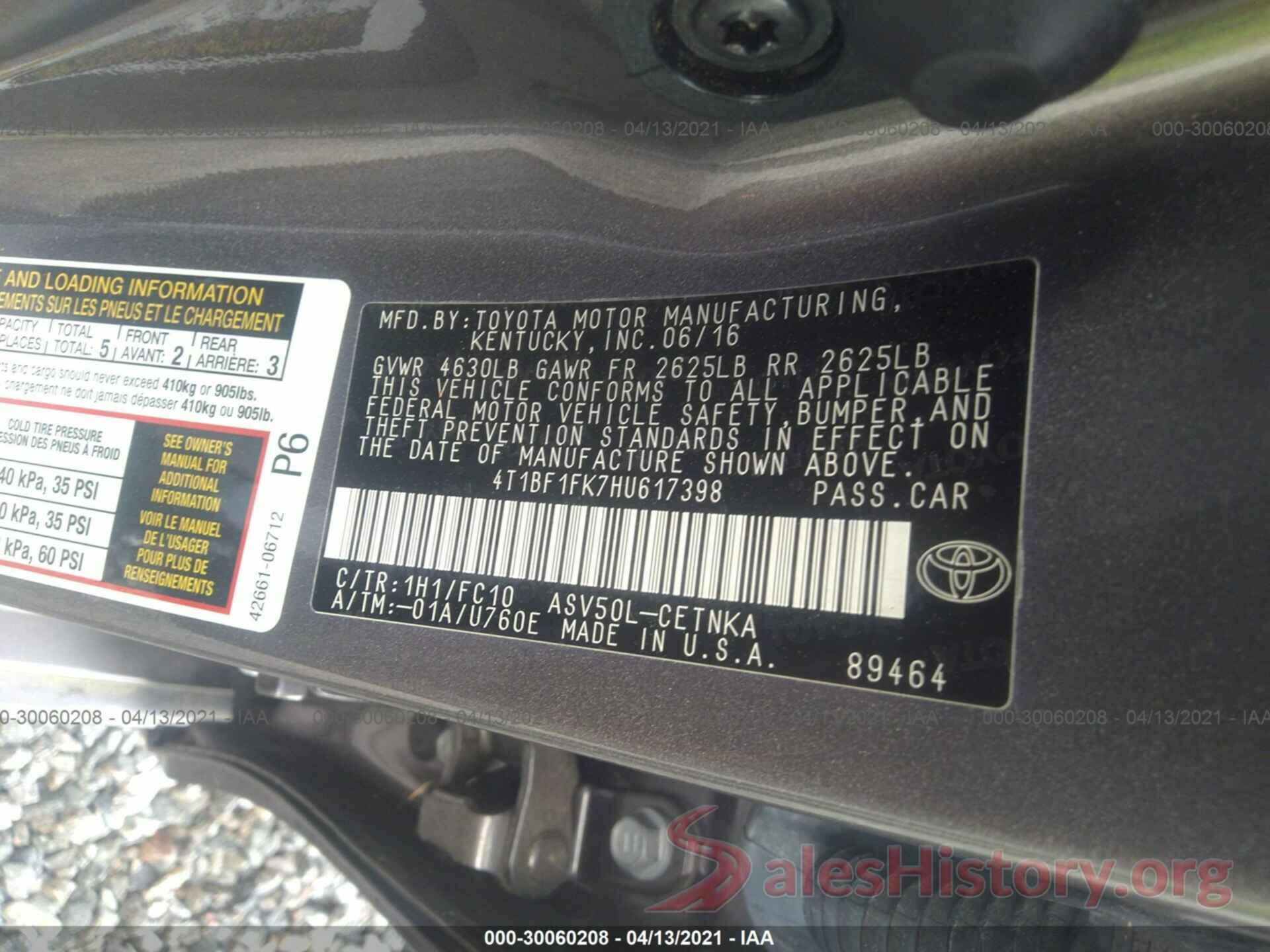 4T1BF1FK7HU617398 2017 TOYOTA CAMRY