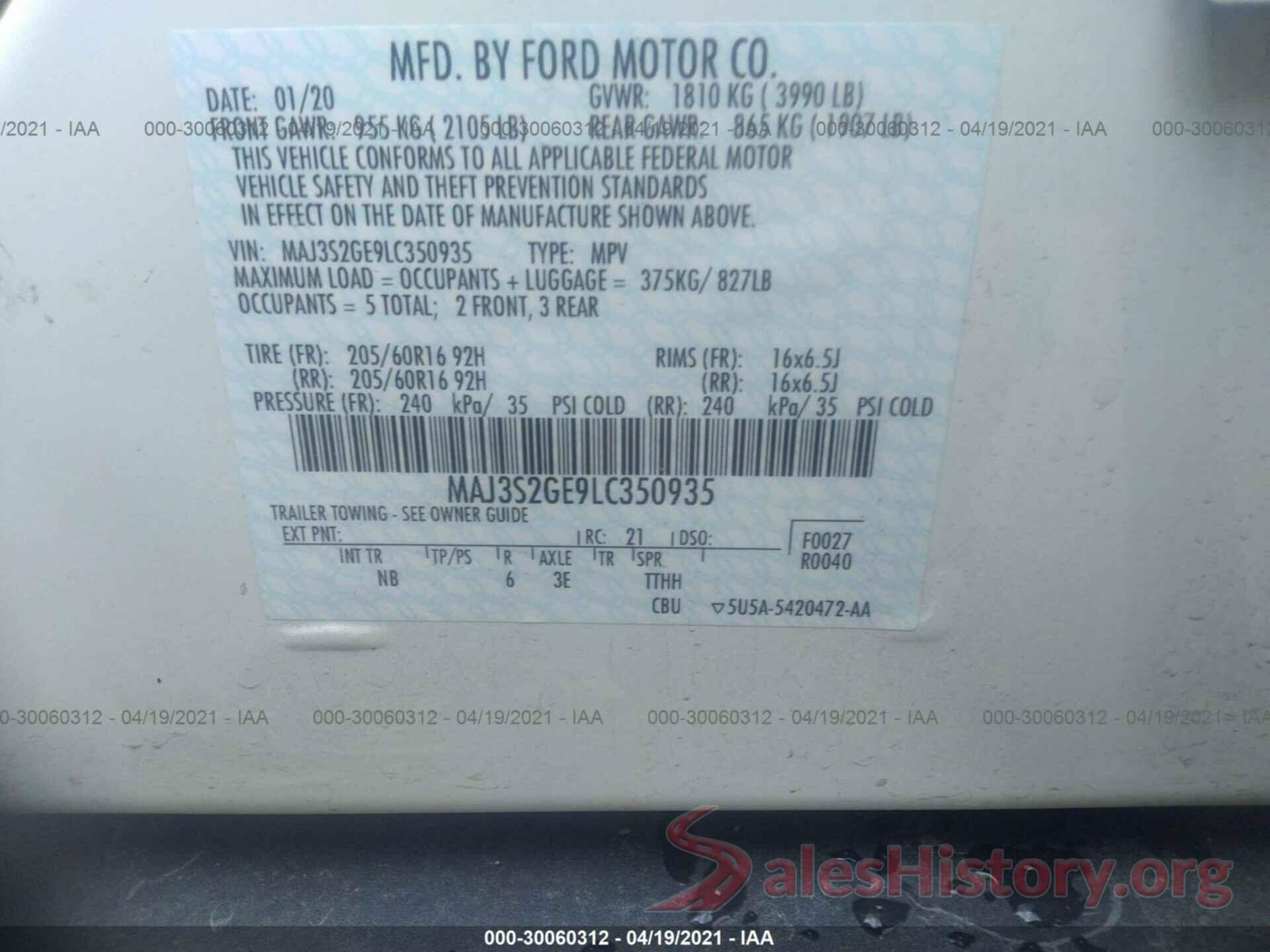 MAJ3S2GE9LC350935 2020 FORD ECOSPORT