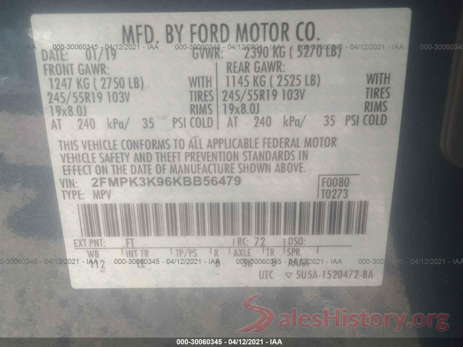 2FMPK3K96KBB56479 2019 FORD EDGE