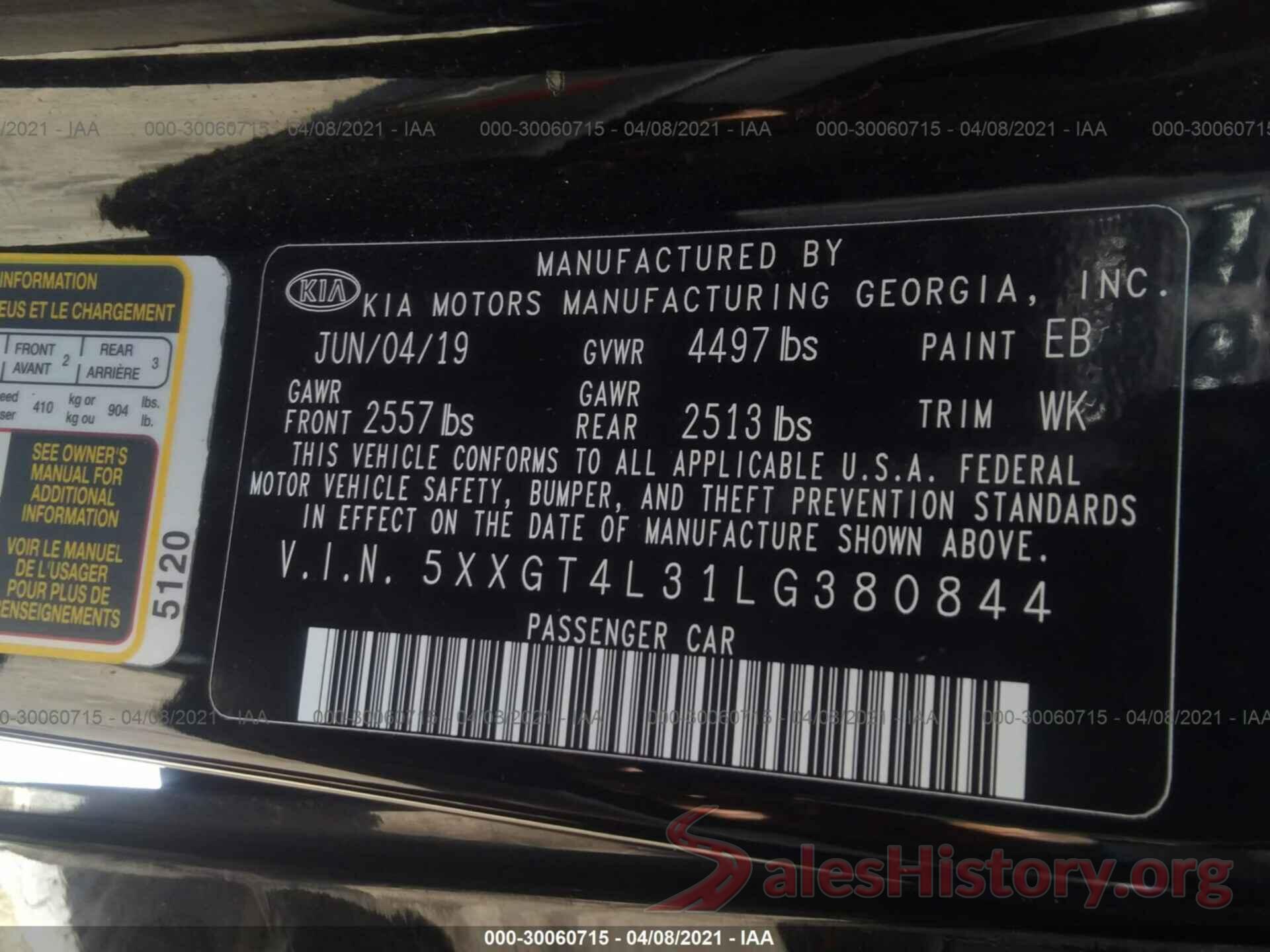 5XXGT4L31LG380844 2020 KIA OPTIMA