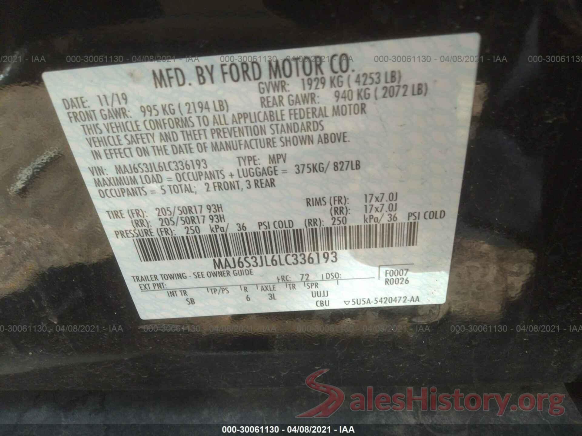 MAJ6S3JL6LC336193 2020 FORD ECOSPORT