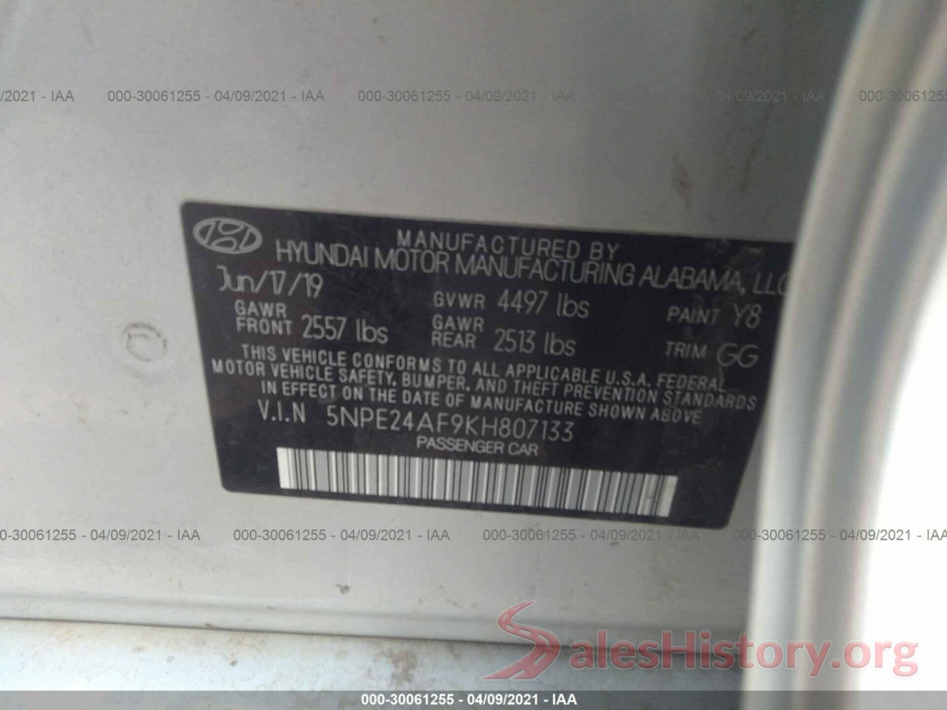 5NPE24AF9KH807133 2019 HYUNDAI SONATA