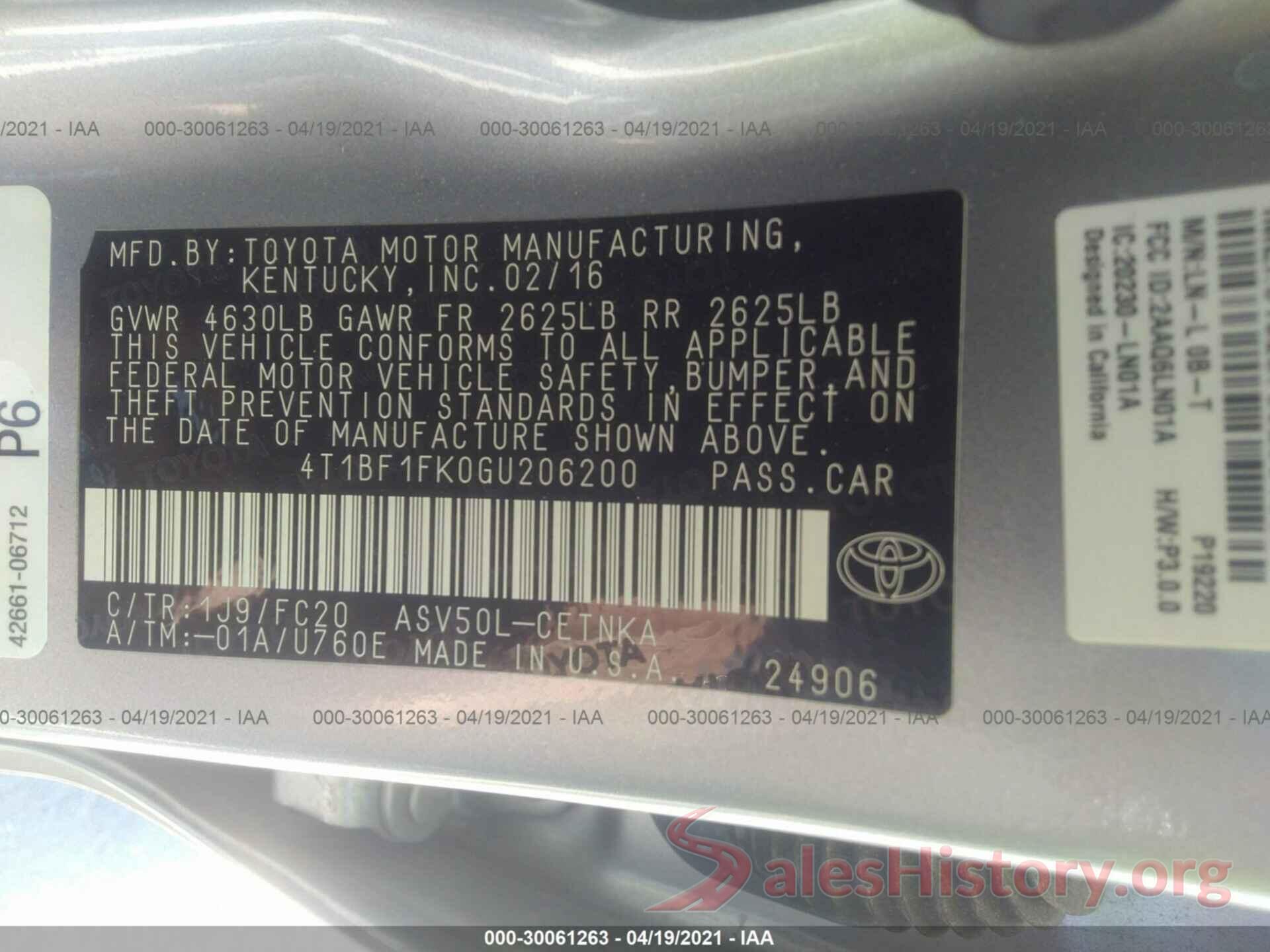 4T1BF1FK0GU206200 2016 TOYOTA CAMRY