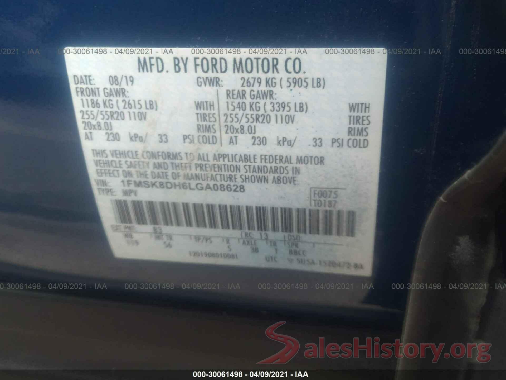 1FMSK8DH6LGA08628 2020 FORD EXPLORER