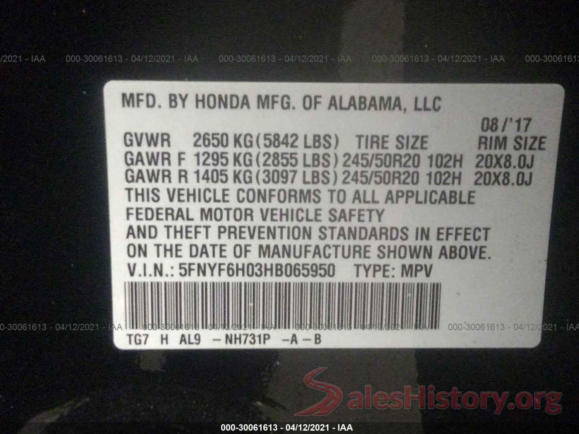 5FNYF6H03HB065950 2017 HONDA PILOT